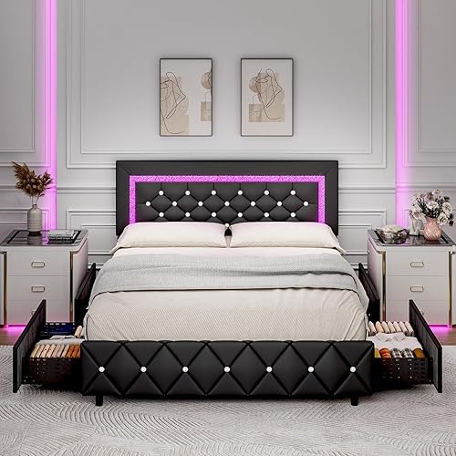 Base de cama de tamaño queen con luces LED, base de cama tapizado con cajones de almacenamiento, cama de plataforma moderna con cabecera y estribo