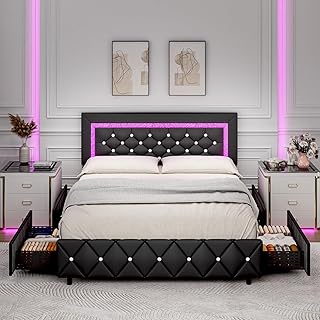BarnFurin Queen Bed Frame with LED Lights, Upholstered Bed Frame with Storage Drawers, Modern Platform Bed with Diamond Headboard and Footboard, No Box Spring Needed, Black