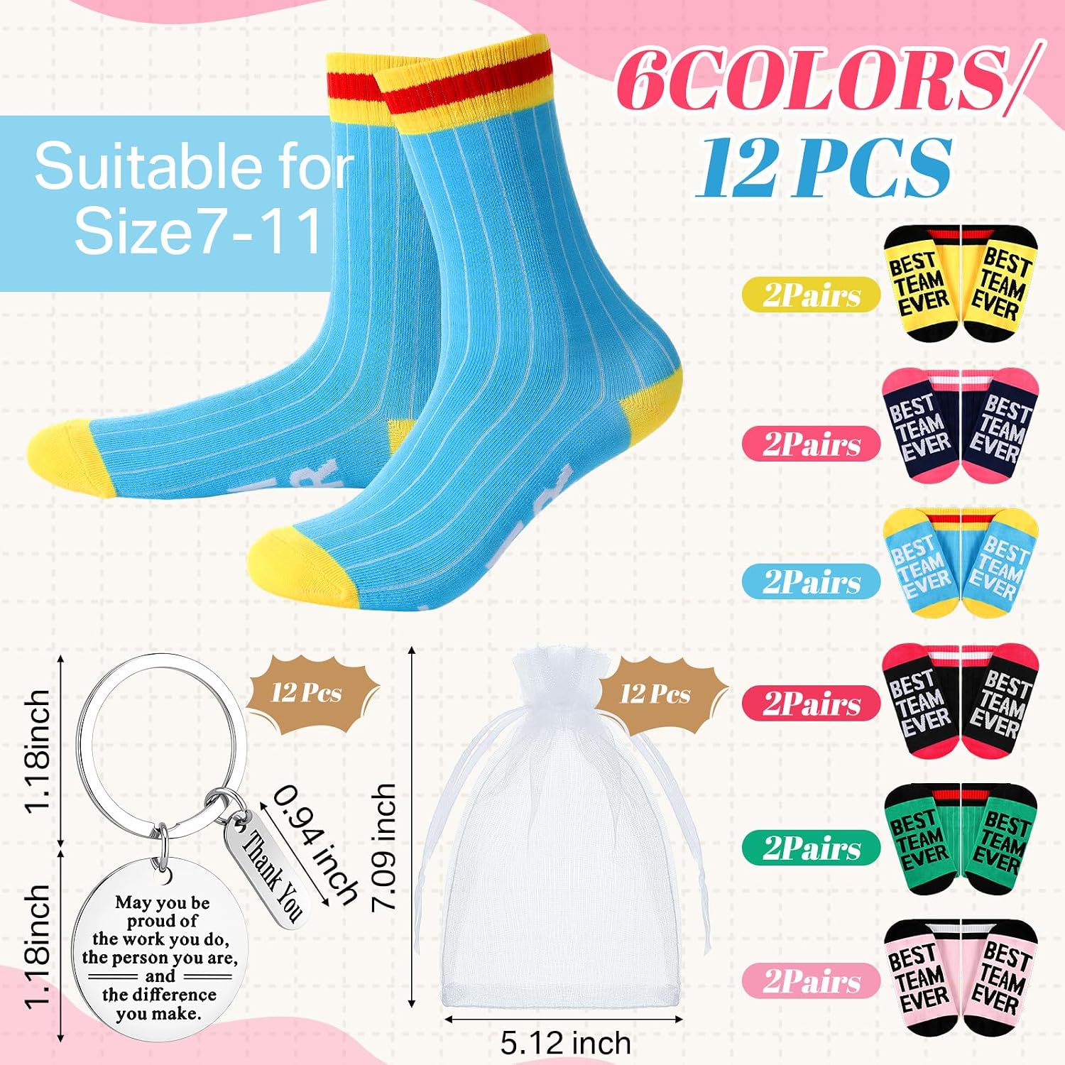Shihanee 36 Pcs Team Appreciation Gifts for Employees Best Team Ever Gift Sock and Keychain with Organza Bags for Women Men