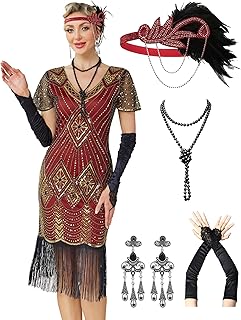 MTITE 1920s Dresses for Women, Great Gatsby Dresses Roaring 20s for women, Sheer Beaded Sleeves Costume with accessories