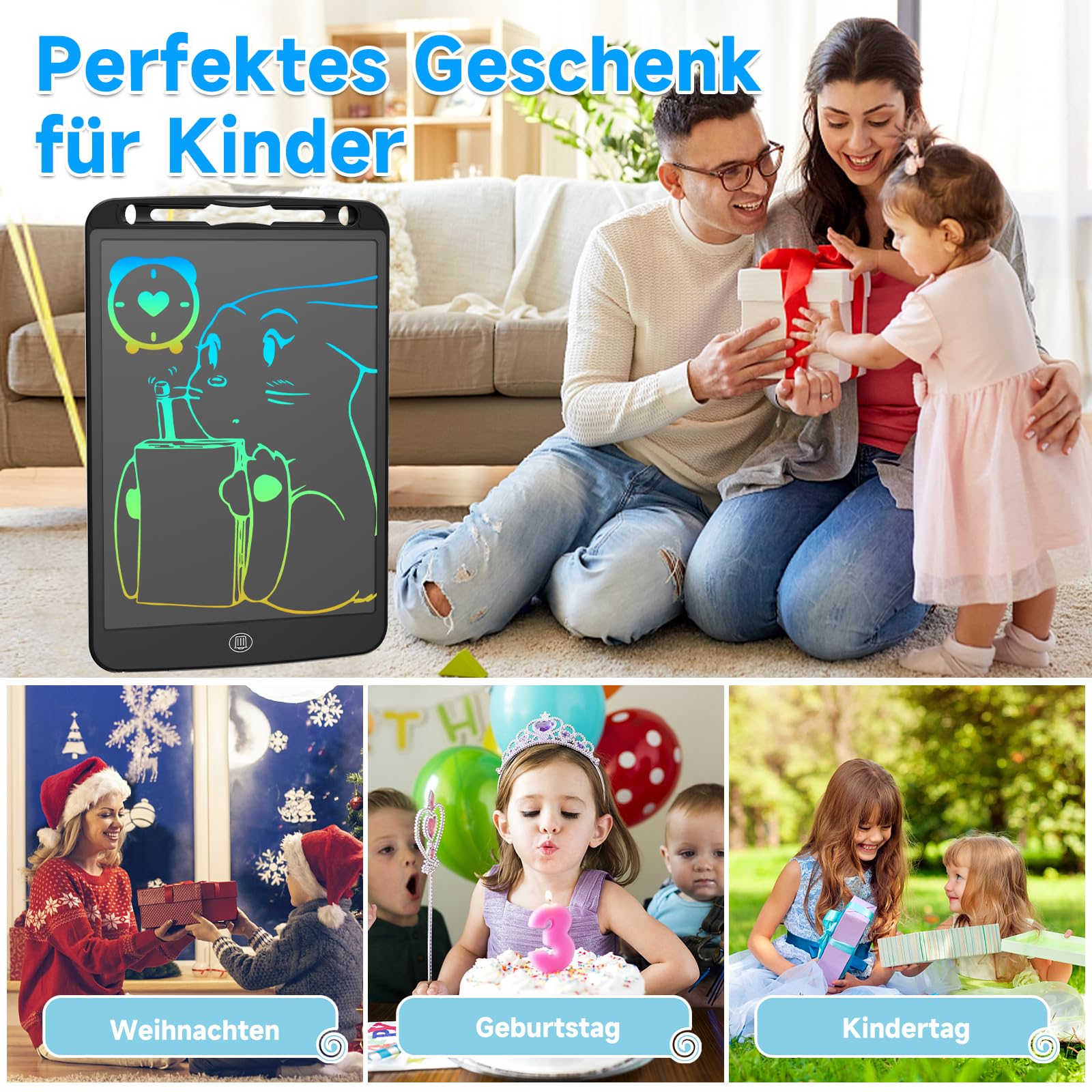 Produktbild von JOEAIS LCD-Schreibtablett 10 Zoll – Tragbarer Zeichenblock Für Kinder, Regenbogen-Effekt, Mit Stift & Schlaufe – Geschenk Für Jungen & Mädchen