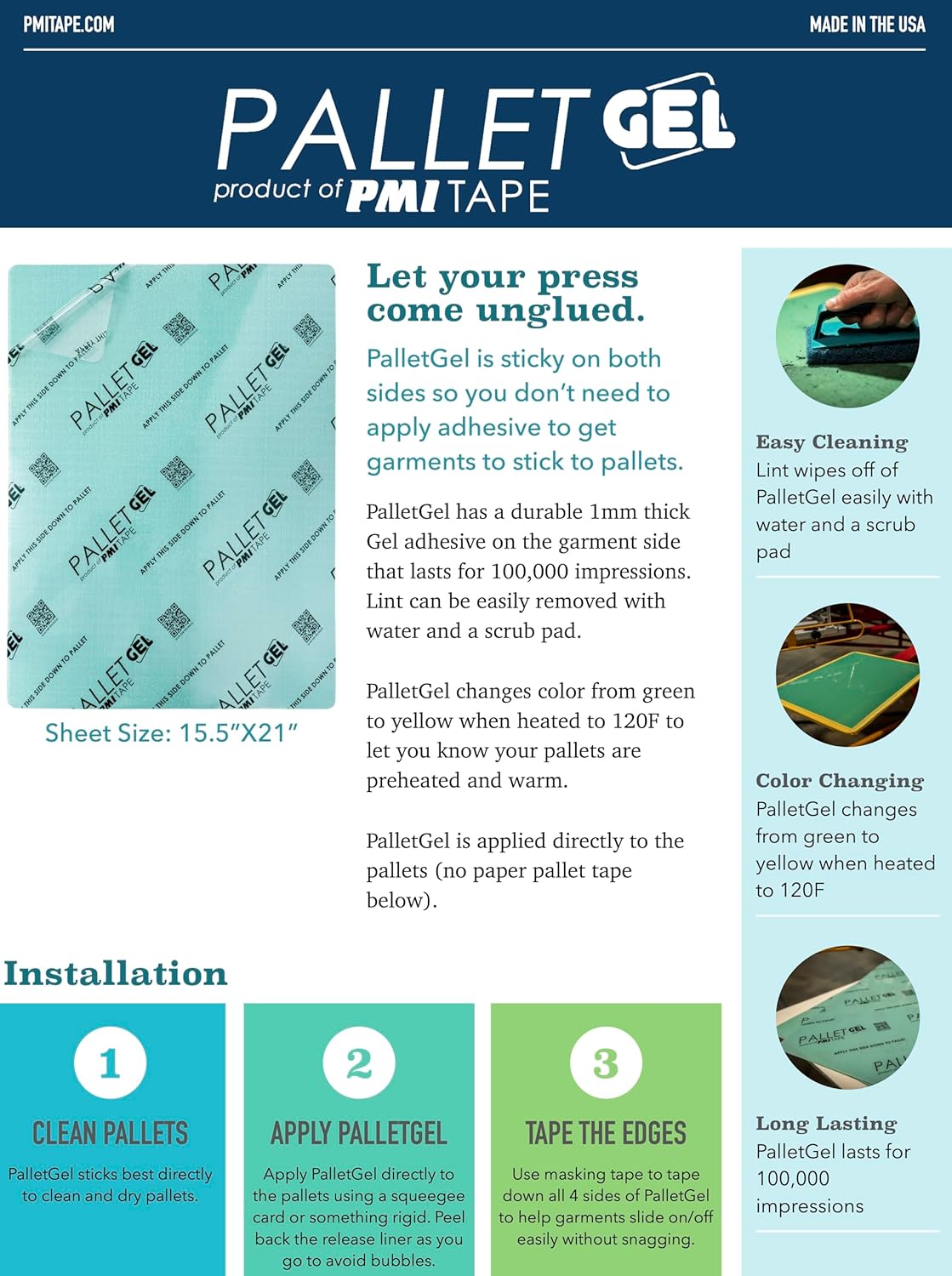 PMI PalletGel 15.5"x21" – Reusable Gel Adhesive Sheet for Screen Printing Pallets – Color Change at 120°F – Silkscreen Platen Masking Pad, 100,000 Impressions