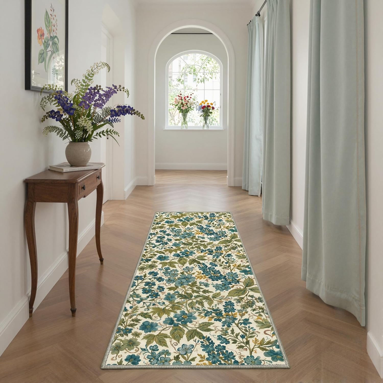 Bavni 5x7 Washable Rug Machine Washable Low Pile Lightweight Non Slip Backing with Floral Vines Print Pattern for Living Room Bedroom Dining Room Indoor Use Sage Teal