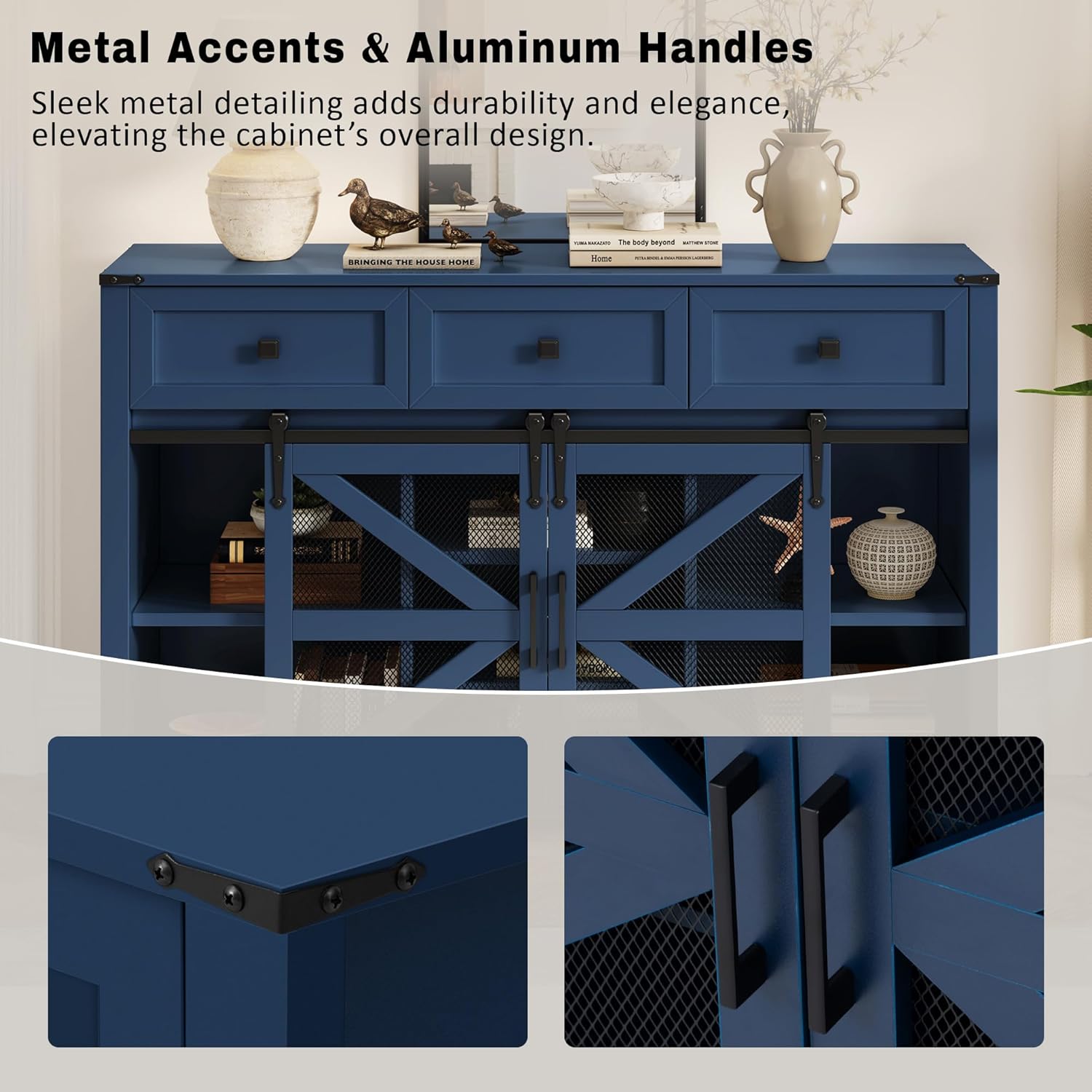Virubi 55 in Sideboard Buffet Cabinet with Storage,Sliding Barn Doors,3 Drawers and Shelves,Farmhouse Coffee Bar Cabinet for Living Room,Hallway,Entryway,Navy Blue