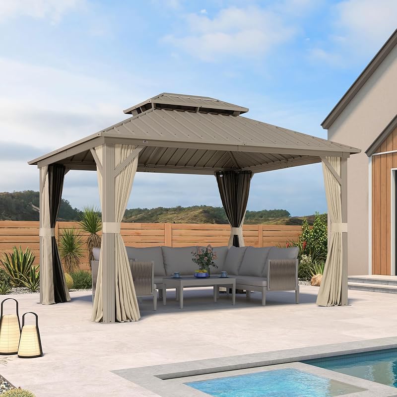A luxurious PURPLE LEAF 10x12 Champagne Aluminum Gazebo with a double-tier galvanized steel roof and beige privacy curtains on a modern stone patio.