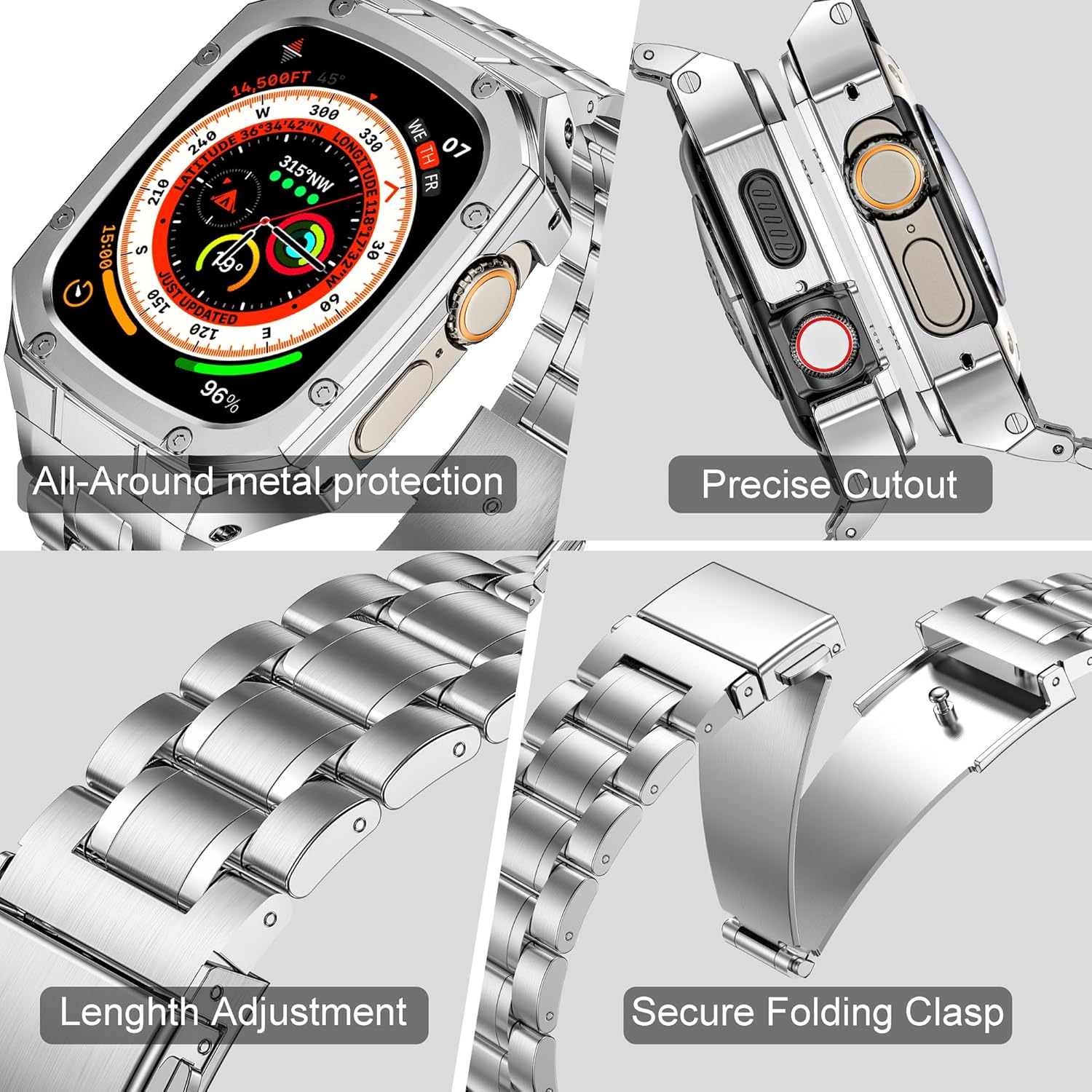 Stainless Steel Watch Band and Case Compatible with Apple Watch Ultra 3/2/1 (49mm),Adjustable Metal Strap and Rugged Protector Cover for iWatch Men,Silver - Image 3