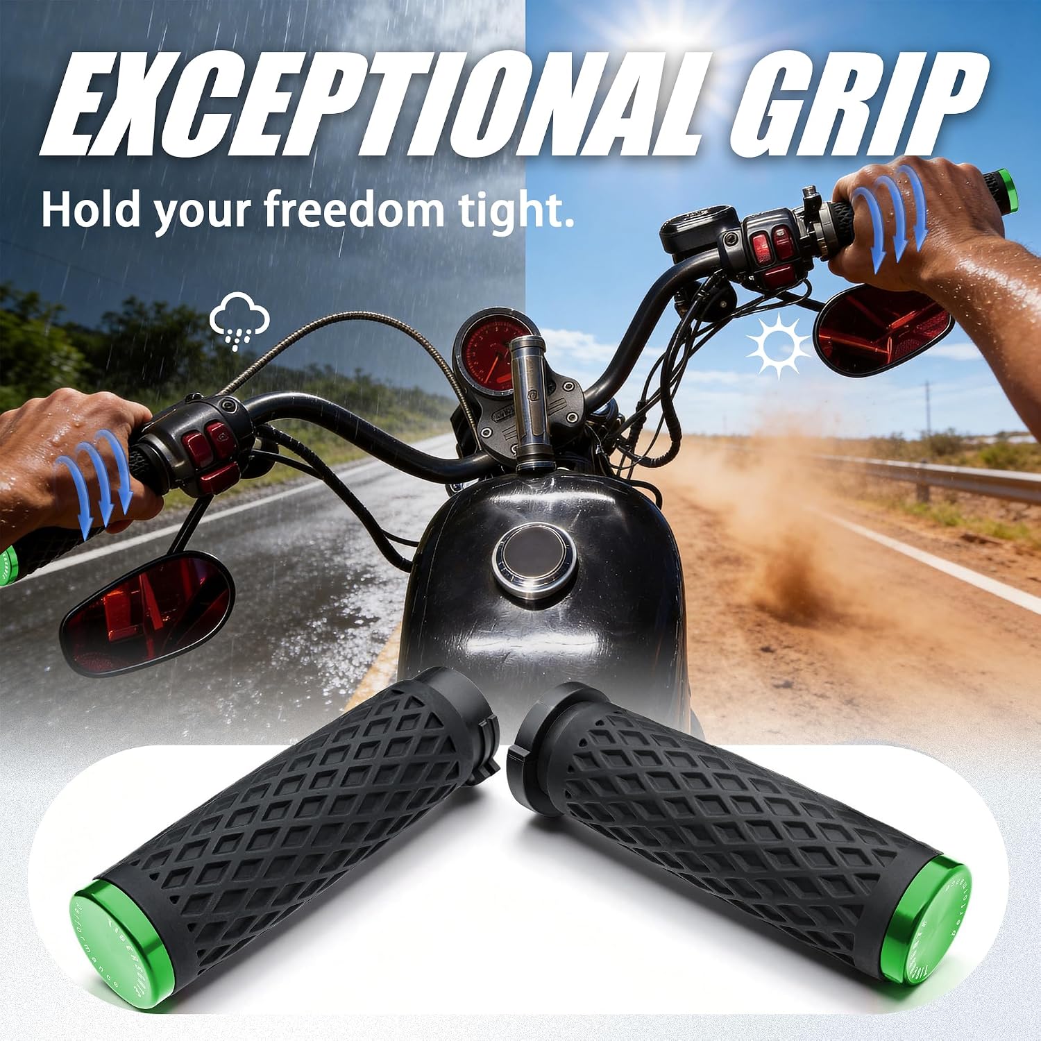 1" Silicone Handlebar Grips with Rear End Cap for Harley 2002-2017 V-Rod, 1996-Up XL, 1996-2007 Touring, 2008-2013 XR, 1996-2017 Dyna,1995-2015 Softail, Green