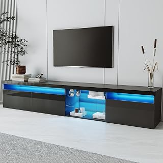 Modern TV Console with 2 Glass Shelves LED Lights for TVs Up to 105 Inch