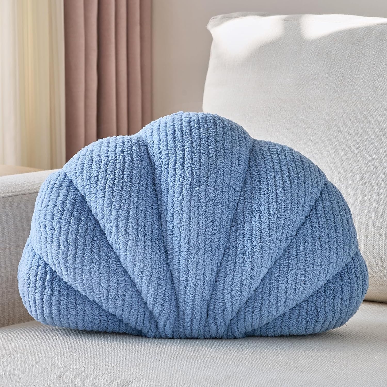 Shell Pillow, Soft Decorative Pillows for Bed Couch, Seashell Plush Throw Pillow Aesthetic Home Decor Cushion for Bedroom Living Room (Grey Blue, 18 X 13 Inches)