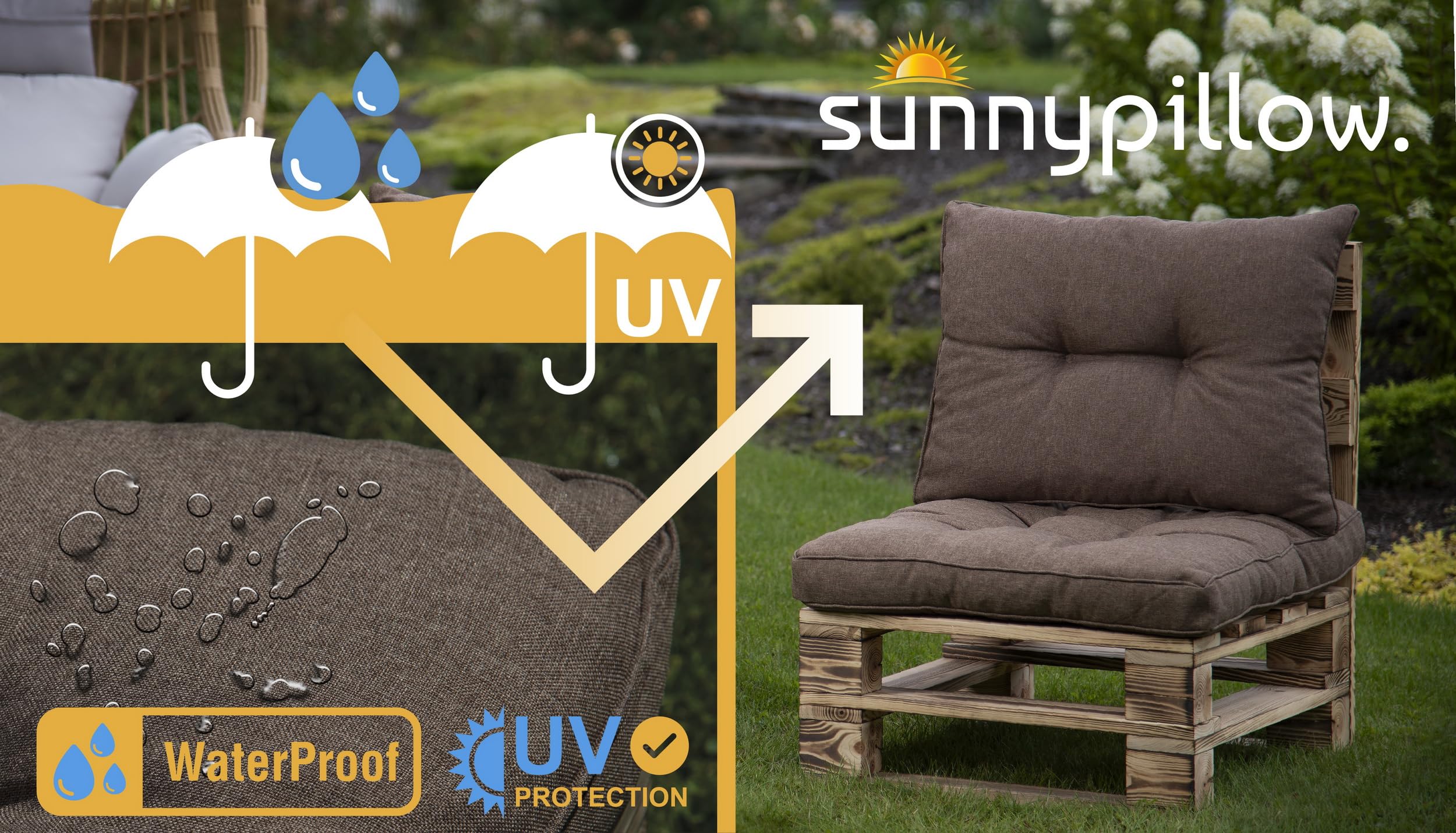 sunnypillow Cuscino Impermeabile per Mobili da Giardino in Rattan - Resistente ai Raggi UV - per Interni ed Esterni - Comoda Spalliera 50x40x12 cm - Marrone