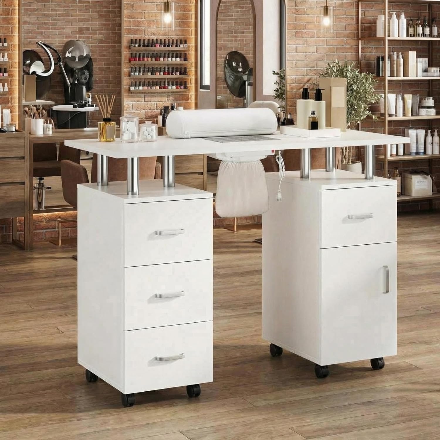 Professional Manicure Table with Built-in Dust Collector & Ergonomic Wrist Rest, Nail Salon Desk with Vertical Pull-Out Locker, 2 Drawers & Cabinet, Waterproof Nail Table for Home Beauty Station