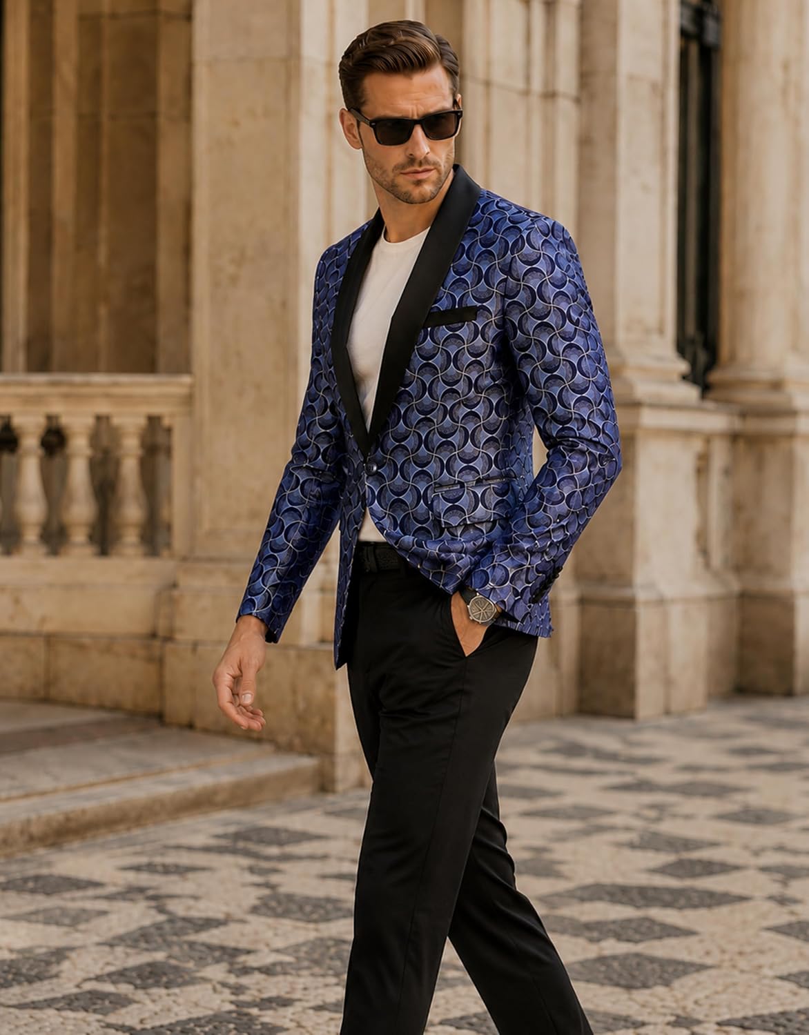 Men's 2 Piece Geometric Jacquard Suit Set, Slim Fit One Button Shawl Lapel Tuxedo Jacket and Pants for Wedding Prom