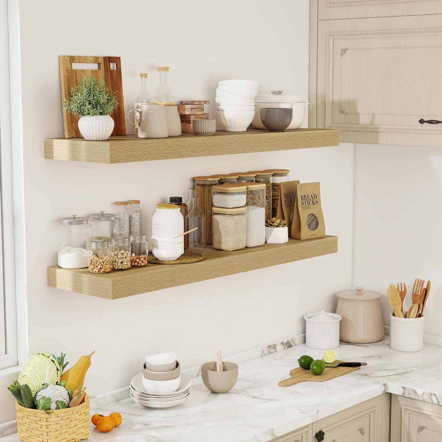 48 Inch Floating Shelves, 12" Deep Floating Shelf Wall Mounted, 48" Wall Shelves, Rustic Deep Bookshelf, Extra Deeper & Thicker Display Shelves for Bedroom, Living Room, Oak, Set of 2 48"x12"-2pcs Oak