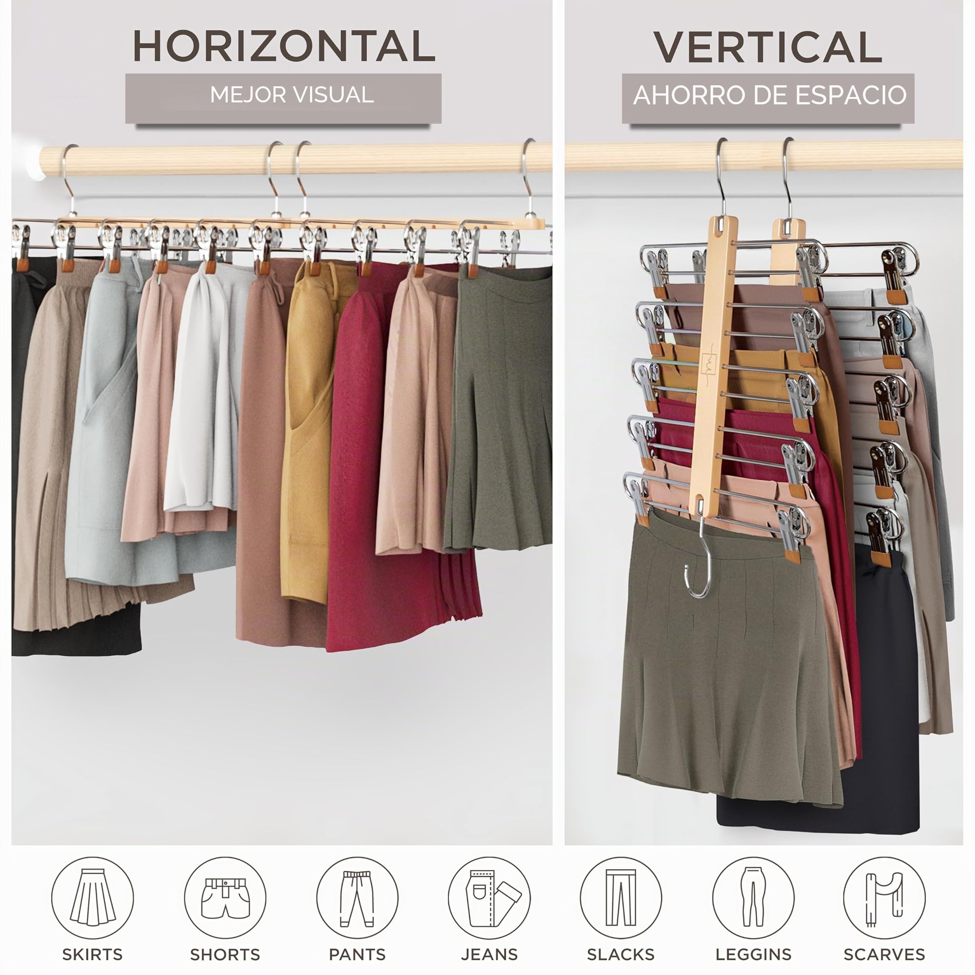 MORALVE Perchas para faldas que ahorran espacio con clips, paquete de 2, colgador europeo de 5 niveles de madera de haya para pantalones cortos, faldas y pantalones, organizador de armario y solución