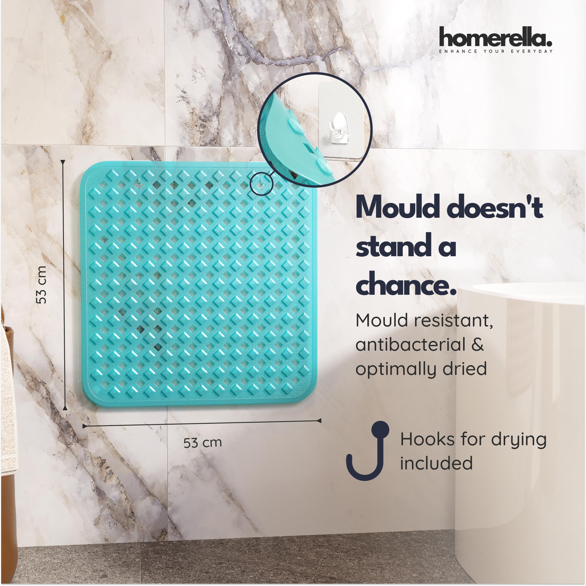 homerella® Shower Mat Non Slip Anti Mould 53 x 53 cm, INCL. Hooks for Drying Bath Mat Non Slip Anti Mould - Image 3