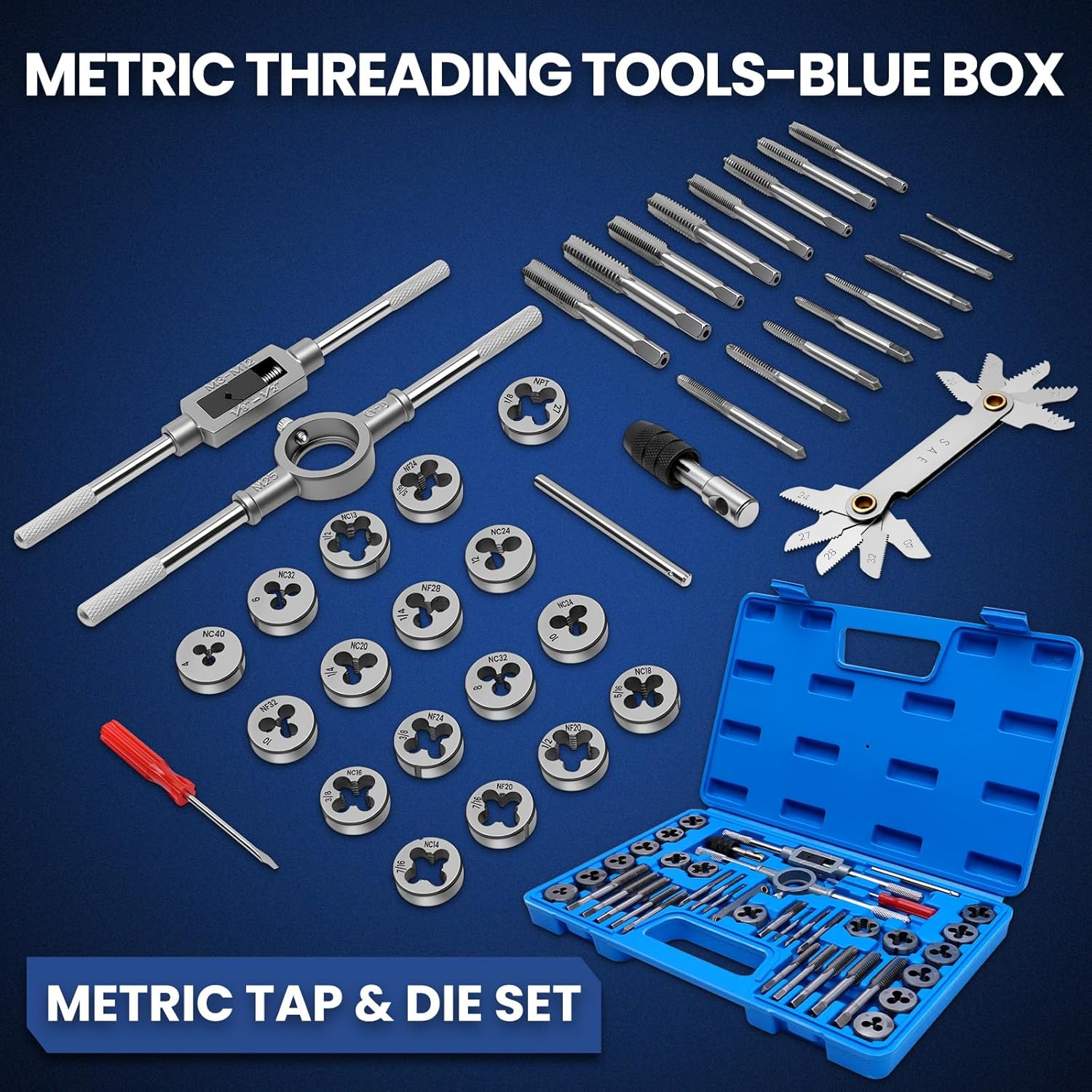 80 PCS Tap and Die Set SAE and Metric, Standard and Metric Threading Tool Kit for Internal and External Threads, Tap & Die Sets with Wrenches for Automotive, DIY, and Metal Repair