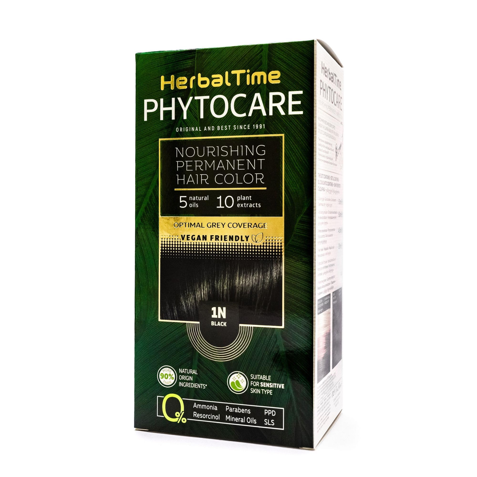 Herbal Time Phytocare Tinte Permanente para el Cabello Color Negro 1N | Kit Tinte Natural Pelo Profesional | Nutre y Protege Tu Cabello | Sin Amoníaco, PPD y SLS | 124.5 ml