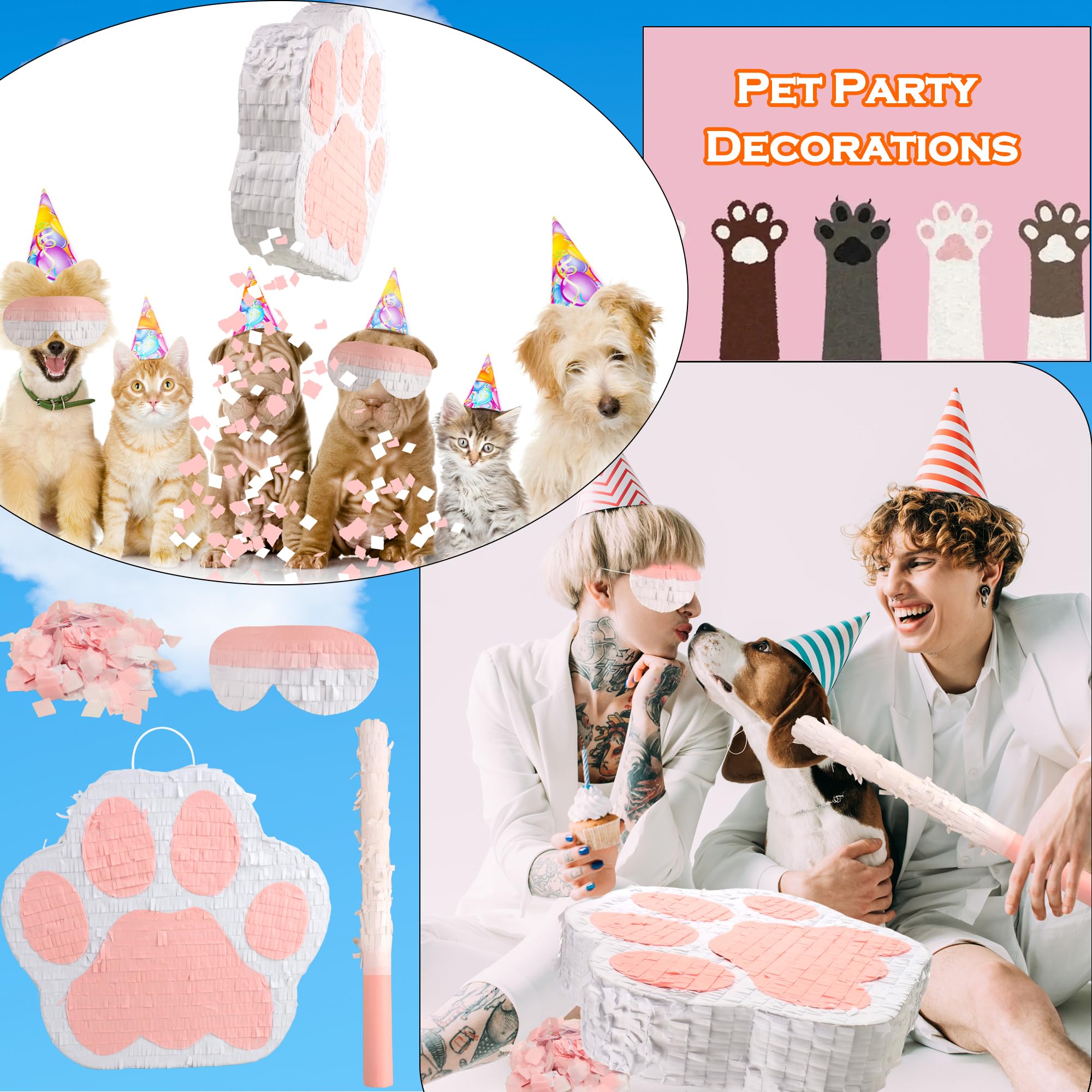 Ensemble de piñata en forme de patte de chien rose avec bandeau pour les yeux et chauve-souris pour fête prénatale fille garçon fête sur le thème des animaux domestiques