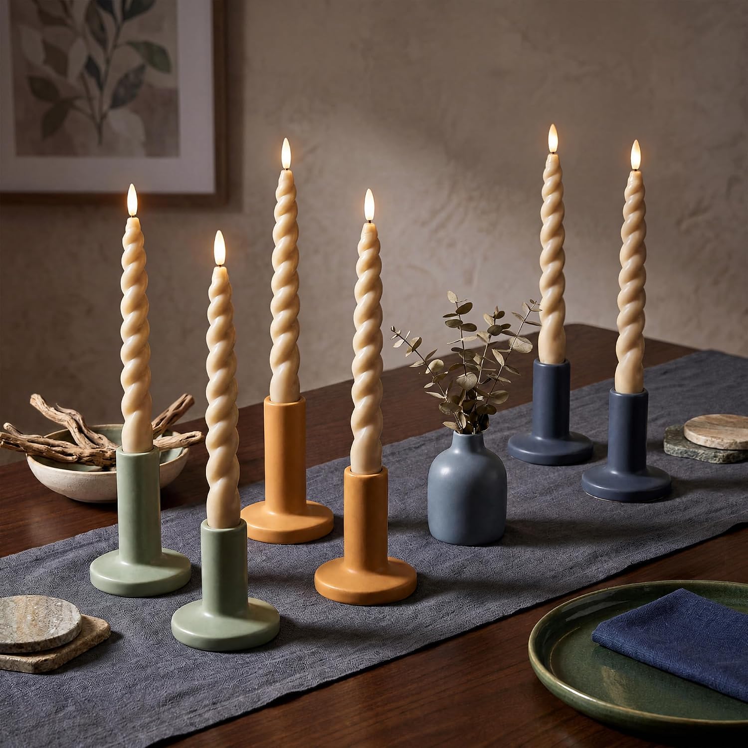 Full Twisted Spiral Flameless LED Taper Candles – Light Tan, Set of 6 – 2/4/6/8-Hr Timer (24-Hr Memory), Remote, Dimmable, Bottom On/Off Button, Flicker/Steady, Battery Operated