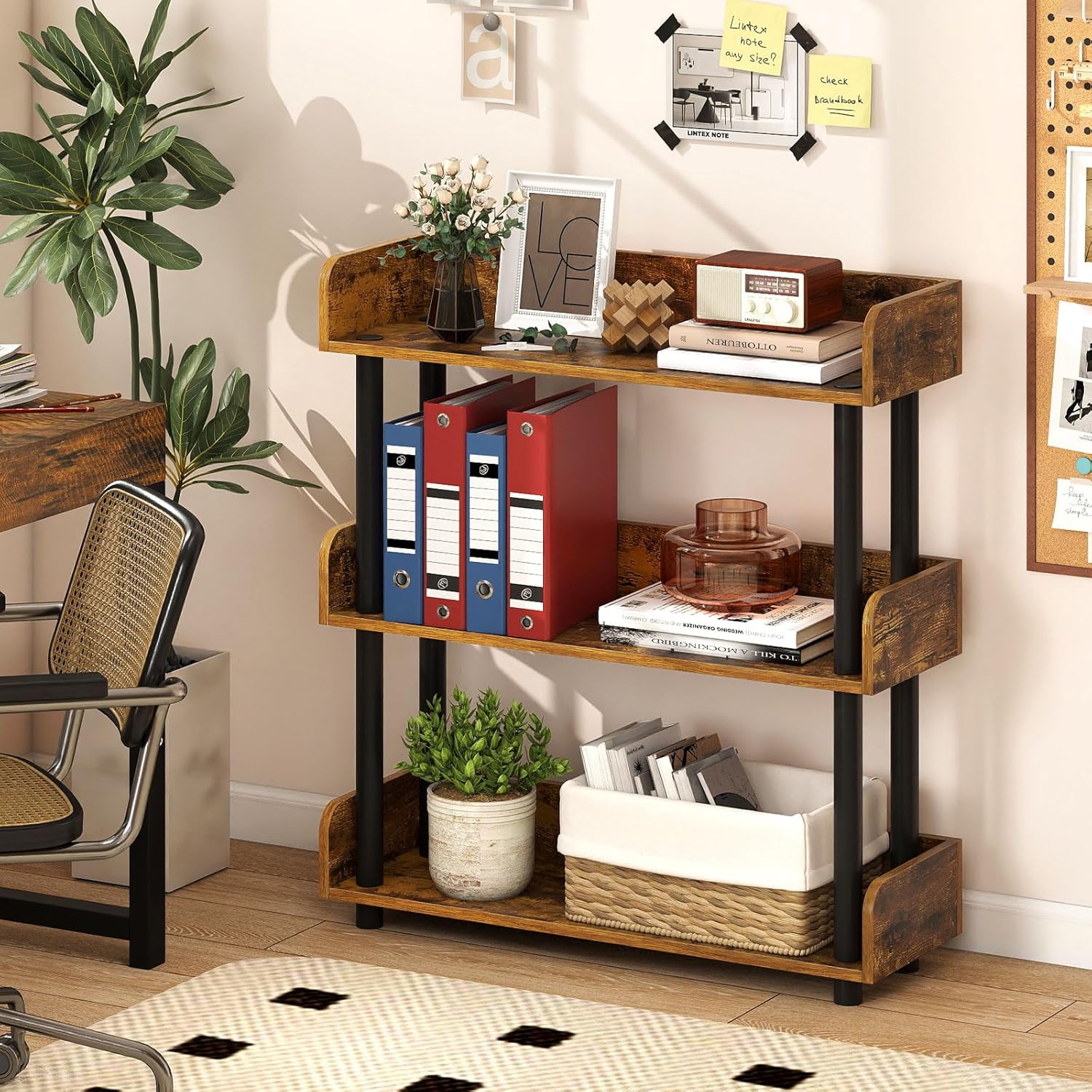 Tangkula 3-Tier Bookshelf, Multipurpose Wood Standing Display Rack with Back and Side Panels, Industrial Open Bookcase, Storage Organizer for Living Room Kitchen Office (Rustic Brown, 1 Pack, 3-Tier)