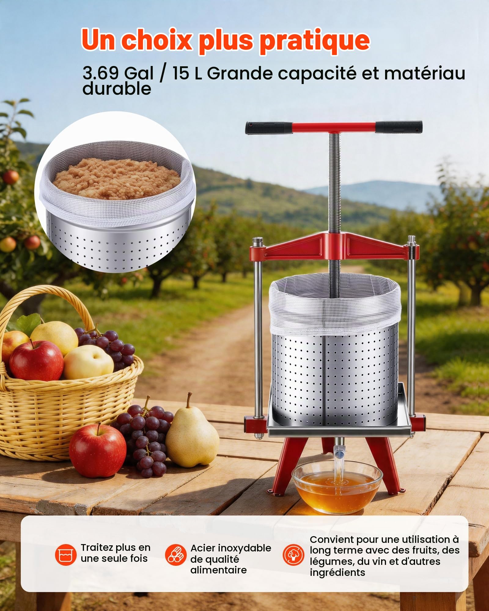 VEVOR Pressoir à Fruits Manuel 15 L, Presse à Vin en Acier Inoxydable, pour Fabrication de Cidre Jus Raisin Pomme Légumes Ferme Cuisine, Presse Fruits avec Poignée en T, Traverse et Sacs Filtrants