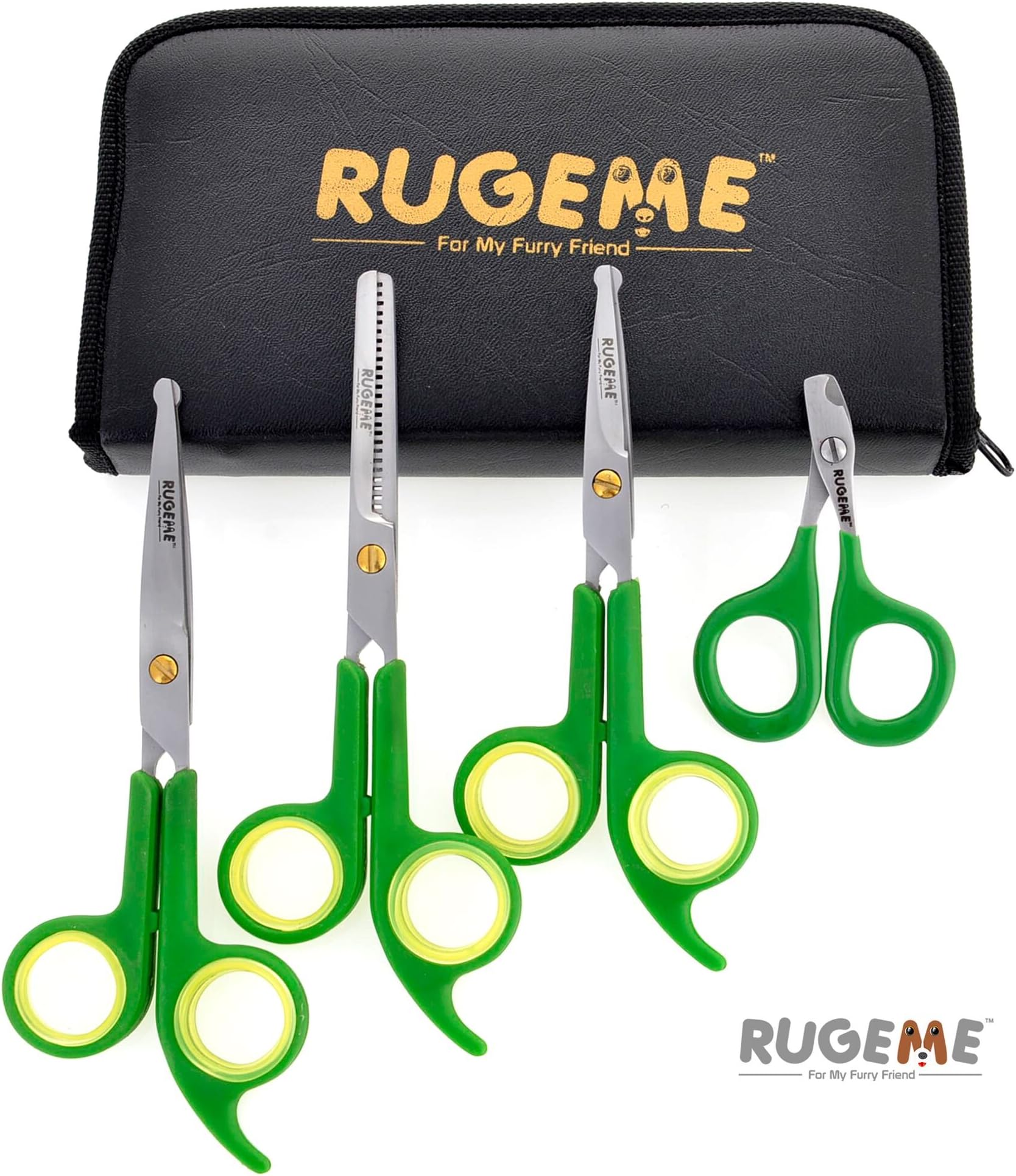 Professional 4 Piece Dog Grooming Scissors Set - Includes; 1 Large Scissor with Smooth Blades, 1 Small Scissor with Micro-serrated Blades, 1 28-Tooth Thinning Shears, & 1 Nail Clipper