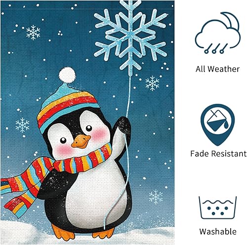 Miniatura 5 de Bandera de jardín de Navidad de bienvenida de pingüinos de invierno, 12 x 18 pulgadas, de arpillera de doble cara, bufandas de copos de nieve,