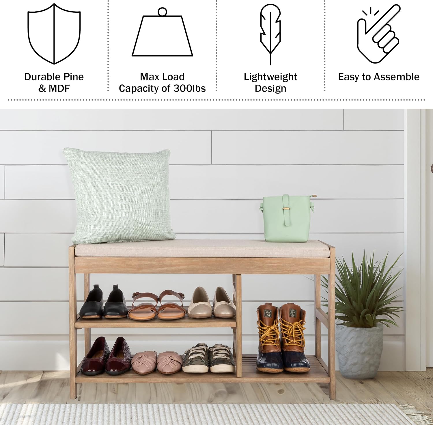 Lavish Home Shoe Bench - 3-Tier Wooden Shoe Rack for Entryway, Mudroom, or Bedroom - Entryway Shoe Storage with Padded Seat Cushion (Brown)