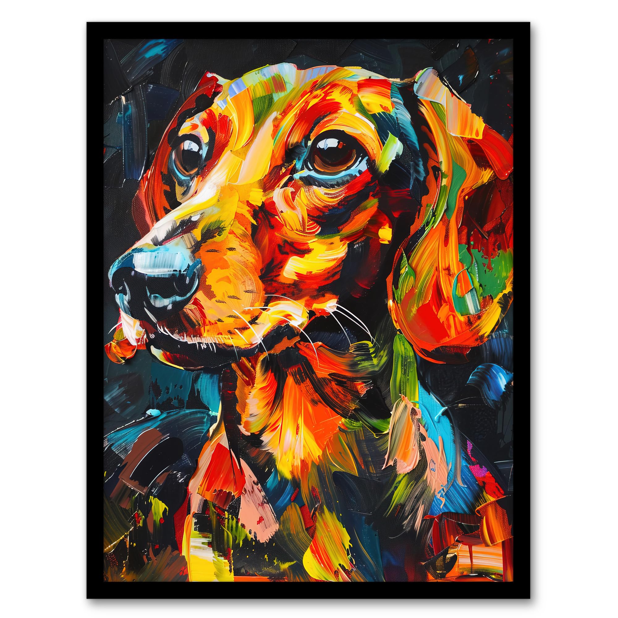 Artery8 Dachshund Sausage Dog Lover Vibrant Portrait Living Room Artwork Framed Wall Art Print A4