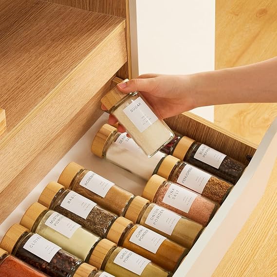 MEETOZ Glass Spice Jars with Label Set, Glass Spice Jars with Wood Lids, Spices and Seasonings Sets Organizer, Spice Glass Jar with Lid Food Canister Bottle Sugar Shaker, 24 Pcs