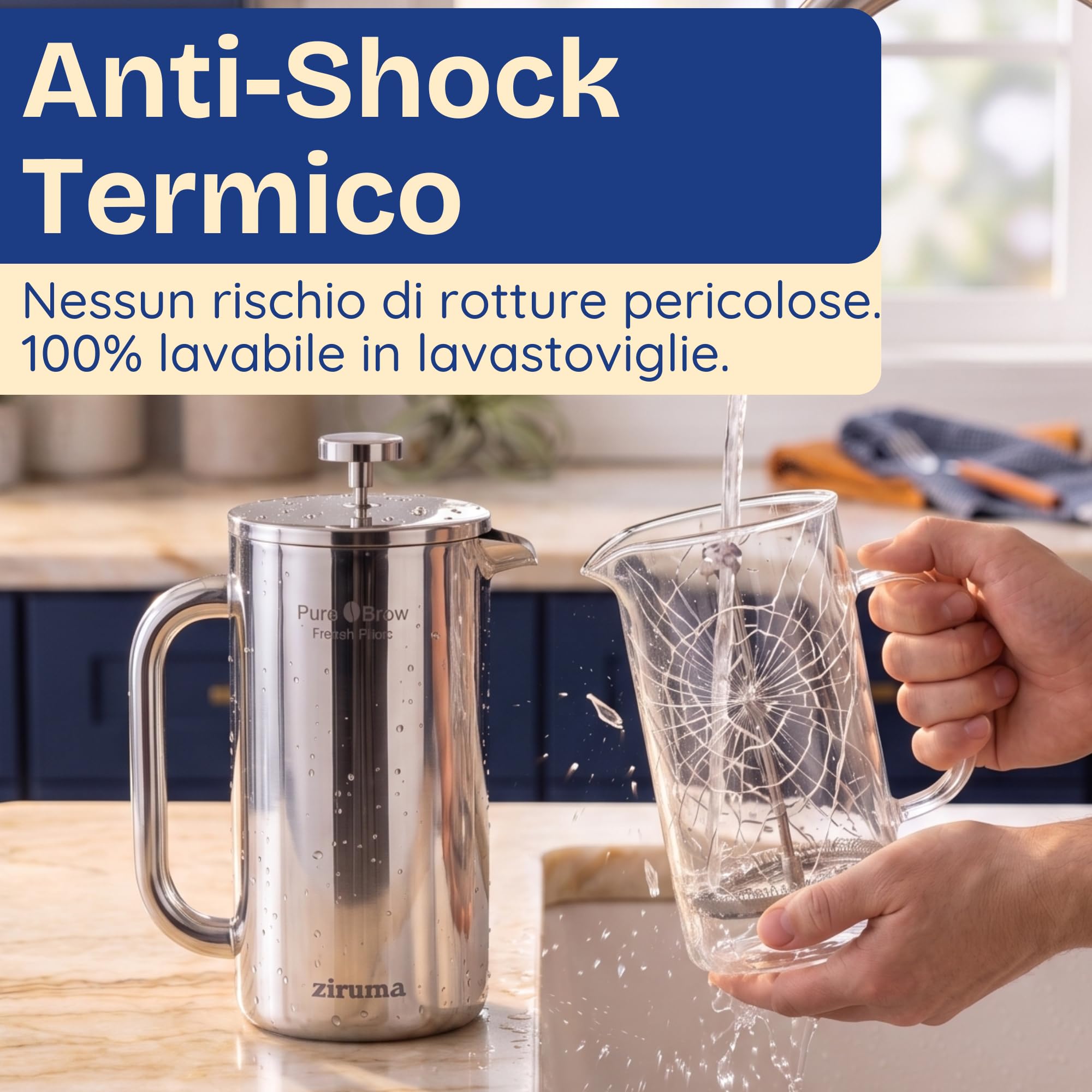 Ziruma Non Tossico Caffettiera a Stantuffo Acciaio, Senza Plastica, 1L