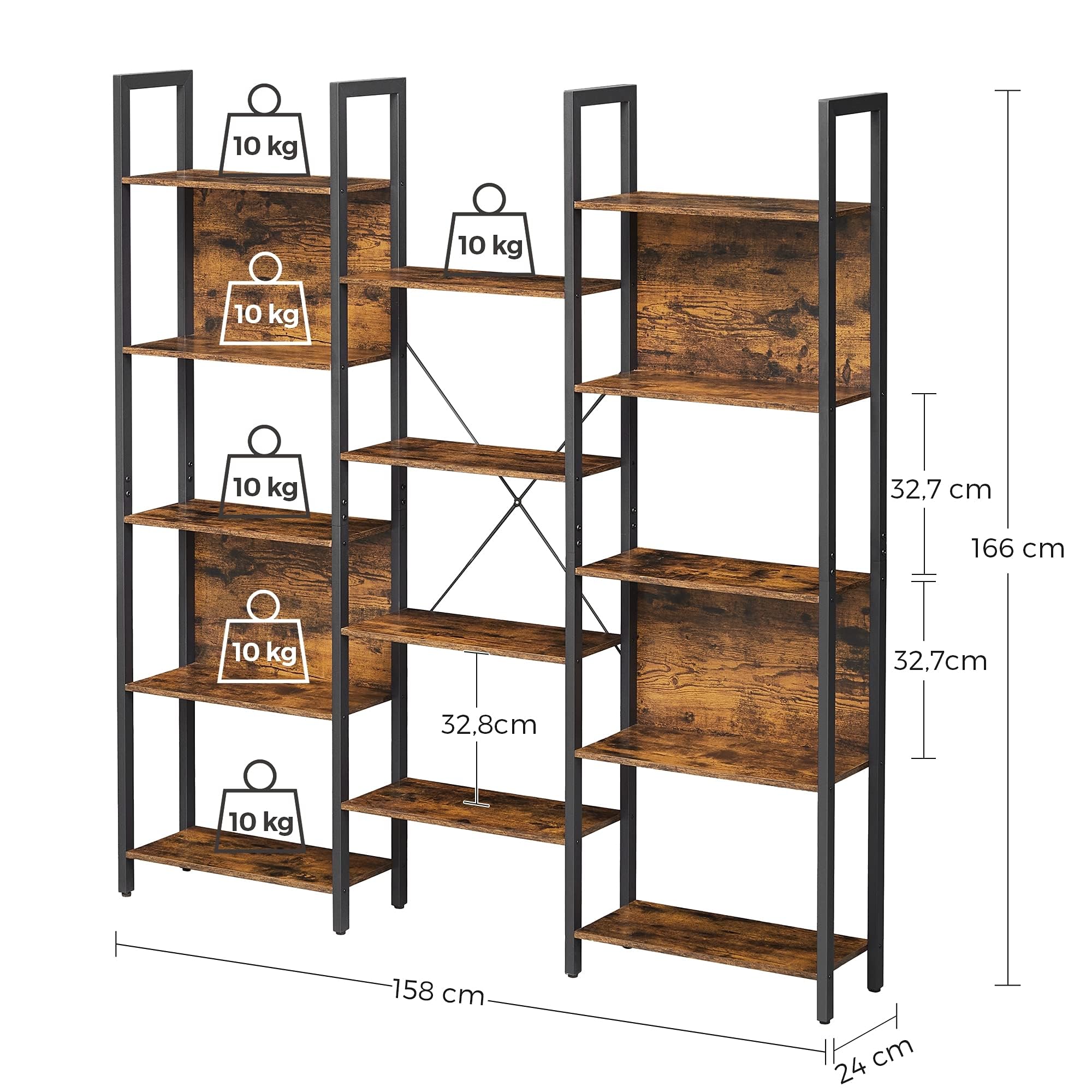 VASAGLE Libreria, Scaffale Portaoggetti, con 14 Ripiani, Struttura in Metallo, Soggiorno Studio Ufficio, Stile Industriale, 24 x 158 x 166 cm, Marrone Vintage e Nero Inchiostro LLS107B01