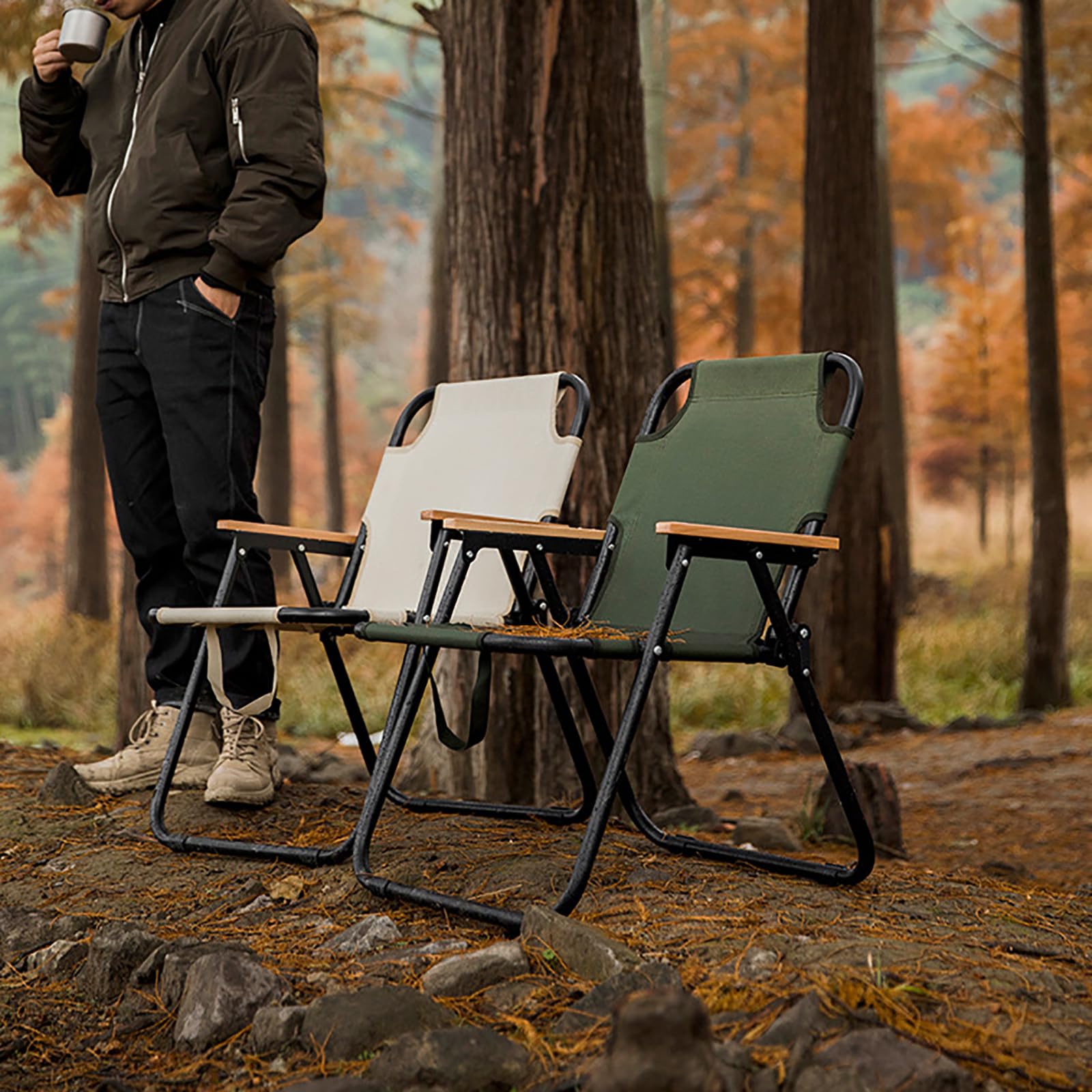 Chaise Camping Pliante, Fauteuil Pliant Camping avec Accoudoirs en Bois, Chaise de Peche pour Balcon, Pêche, Pique-Nique et Randonnée (Vert)