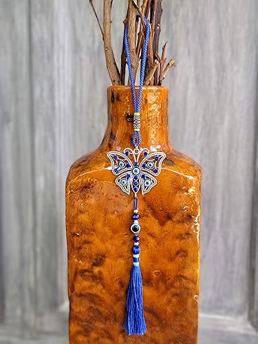 Miniatura 5 de LUCKBOOSTIUM Dijes de mariposa con diseño de ojo turco central en piedra de cristal azul con borlas para buena suerte y protección para el espejo