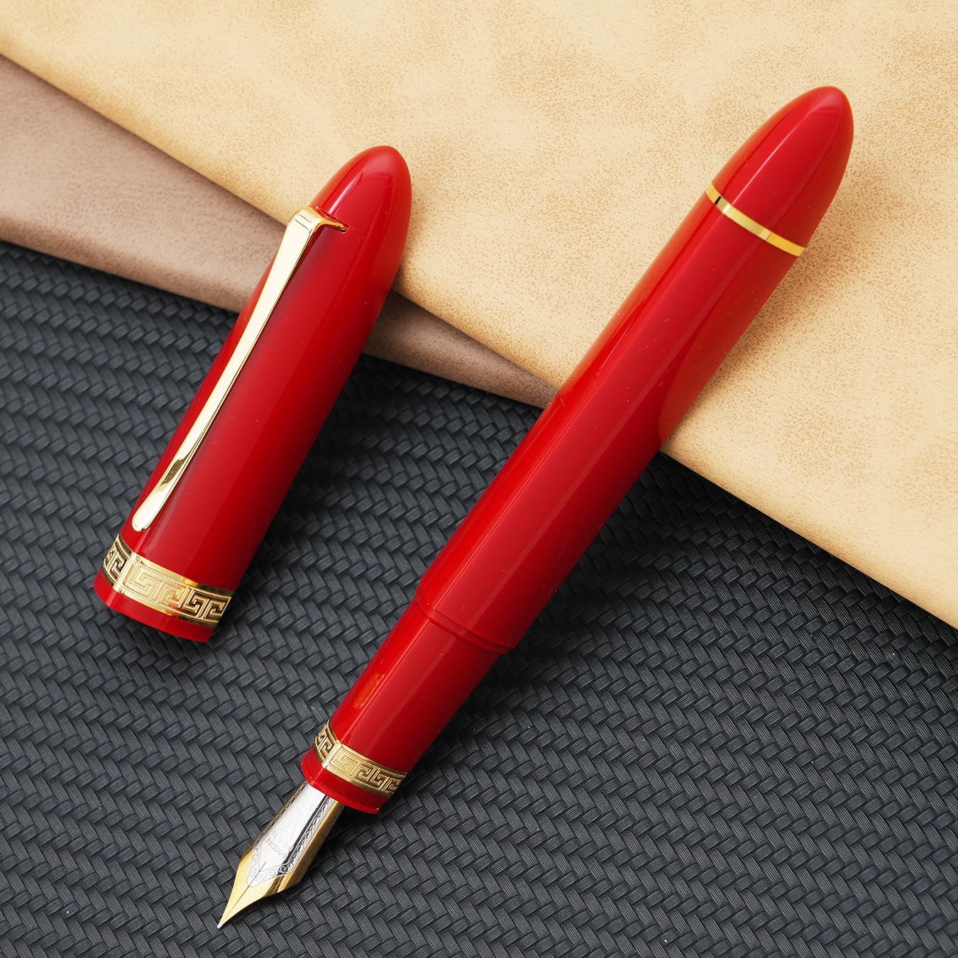 erofa Majohn V60 Piston Fountain Pen Extra Fine Nib, Red Golden Triangular Resin Writing Office Pen Set with Gift Box - Image 3