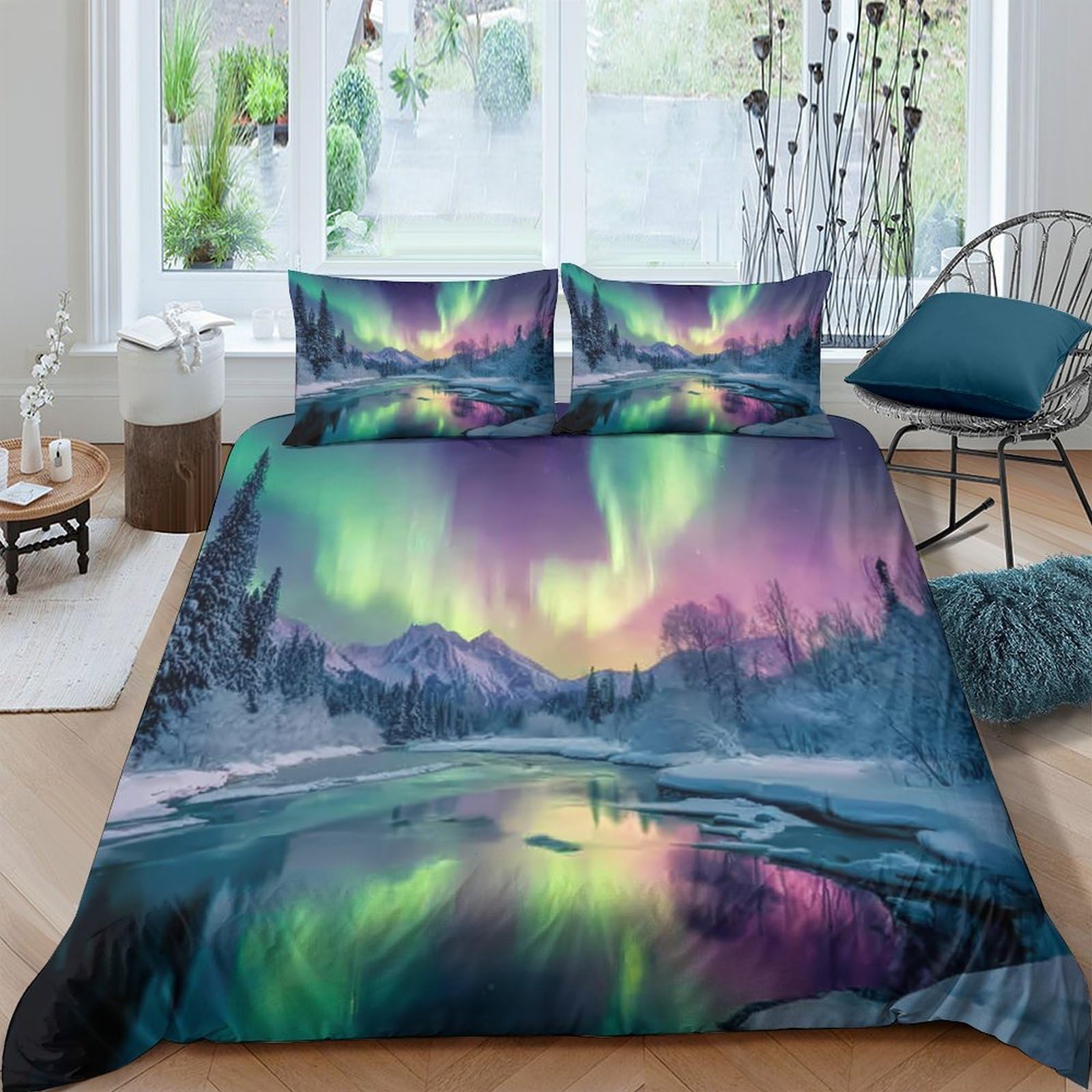 Ctjqhvkz Style-1 3D Printed Northern Lights Fitted Sheet Microfiber Soft Aurora Forest Mattress Cover Bedroom Home Decor Single（135X200cm）