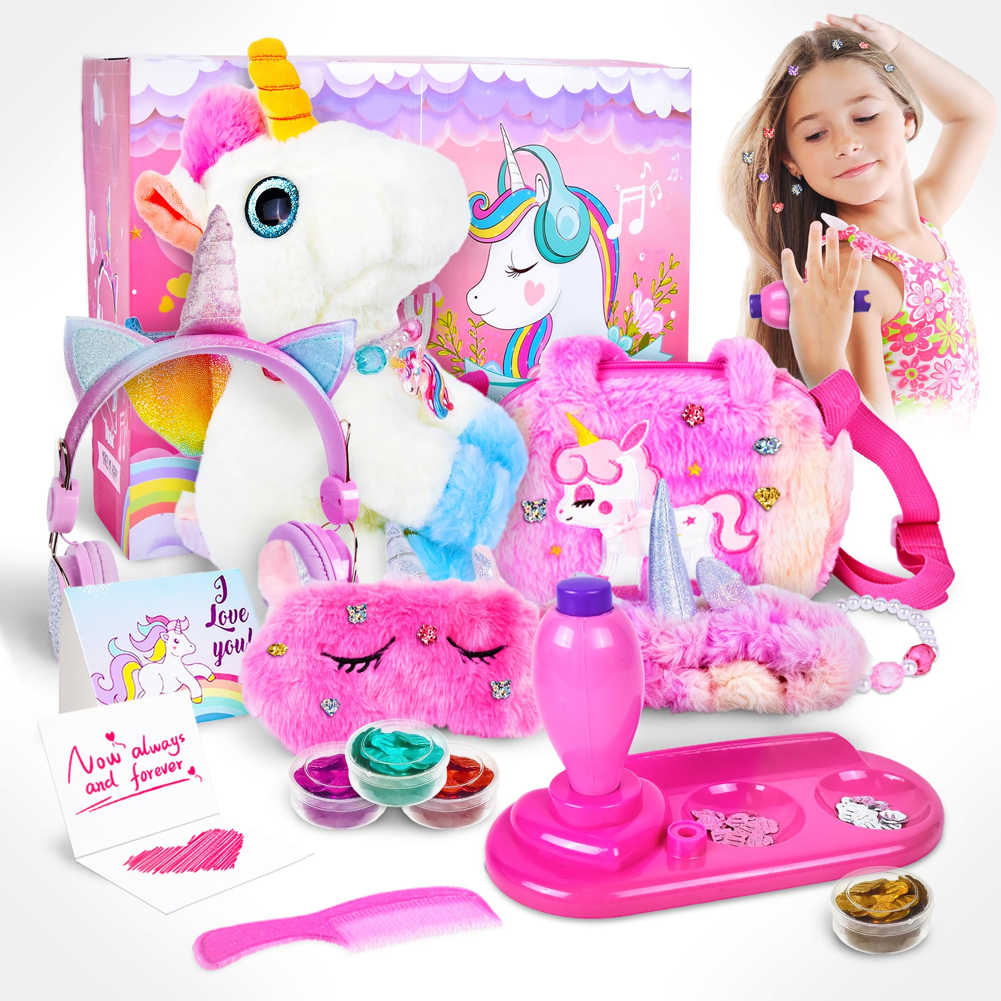Joellfuner Unicornios Regalo para Niñas, Peluche Unicornio Juguetes con Bolso Unicornio, Juegos de Joyas, Diadema Niña, Auriculares Unicornio, Cumpleaños Navidad Regalo para Niñas 6 7 8 9 10 años