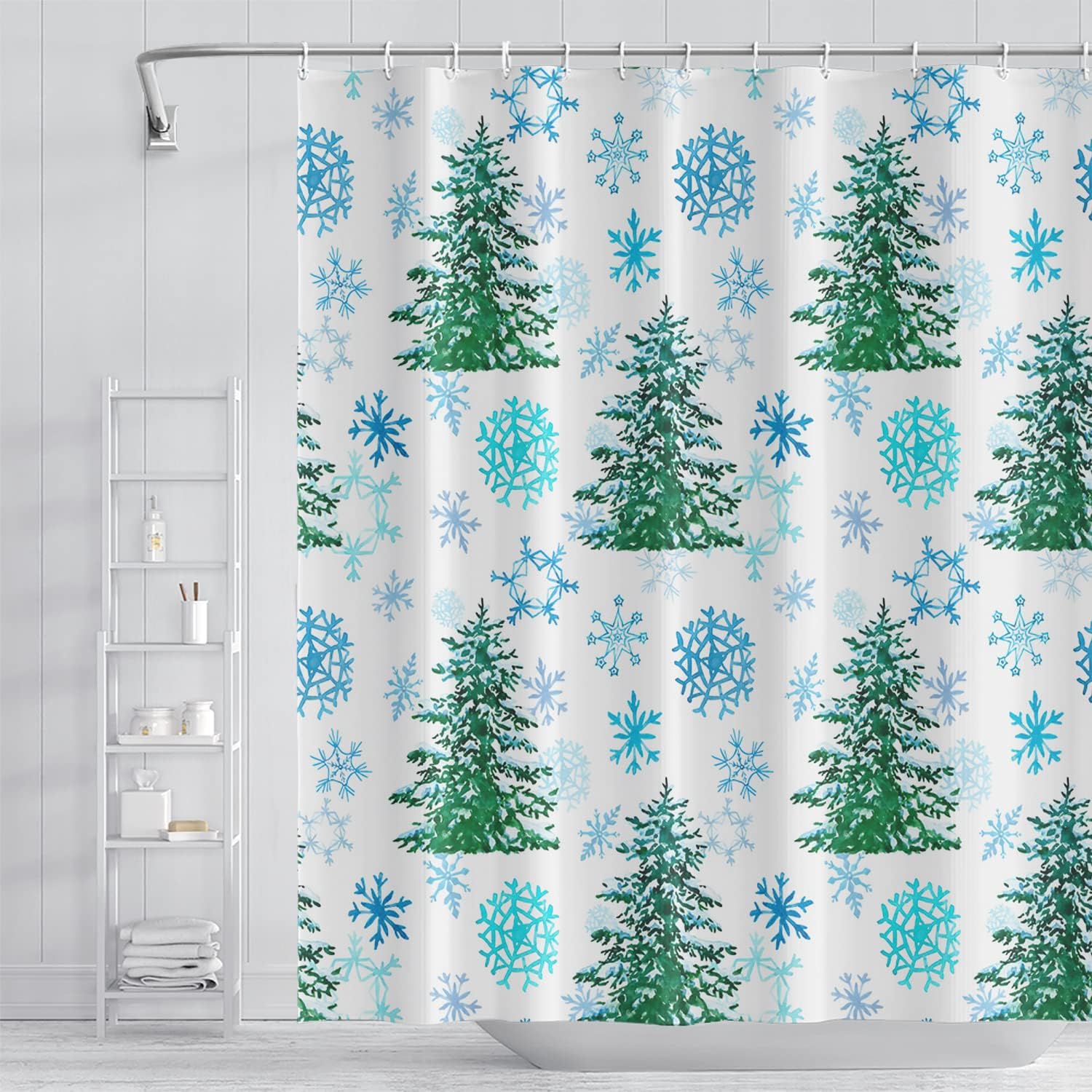 Christmas Theme Bathroom Shower Curtain Green Xmas Tree Winter Snowflakes Shower Curtain New Year Style Polyester Waterproof Fabric Home Decor Shower Curtain with Hooks, 72x72 Inch