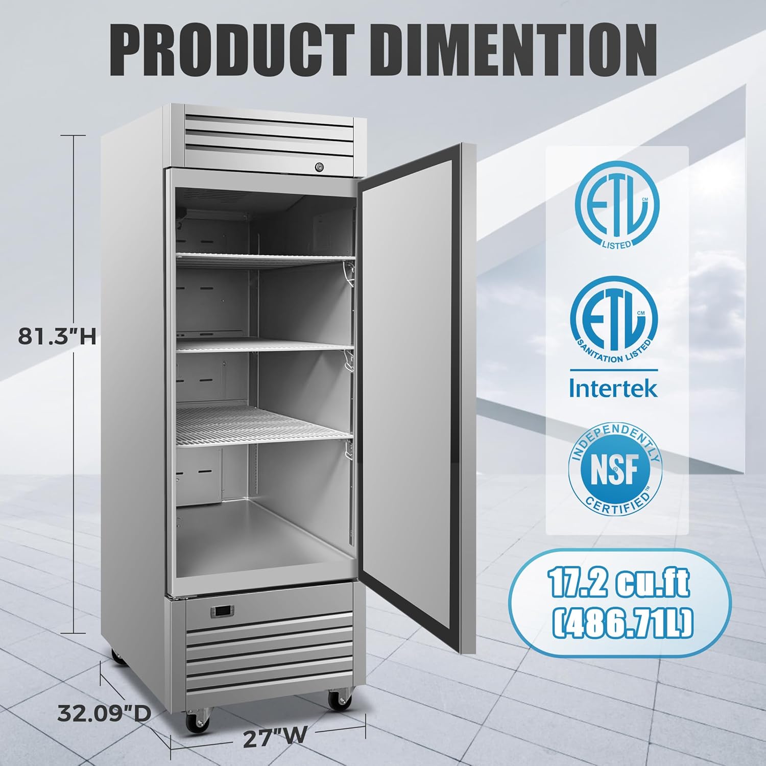 Commercial Reach-In Refrigerator, ETL 17.2 Cu. Ft, Single Door, Stainless Steel, Digital Temperature Control, 33-40°F AKR-06881