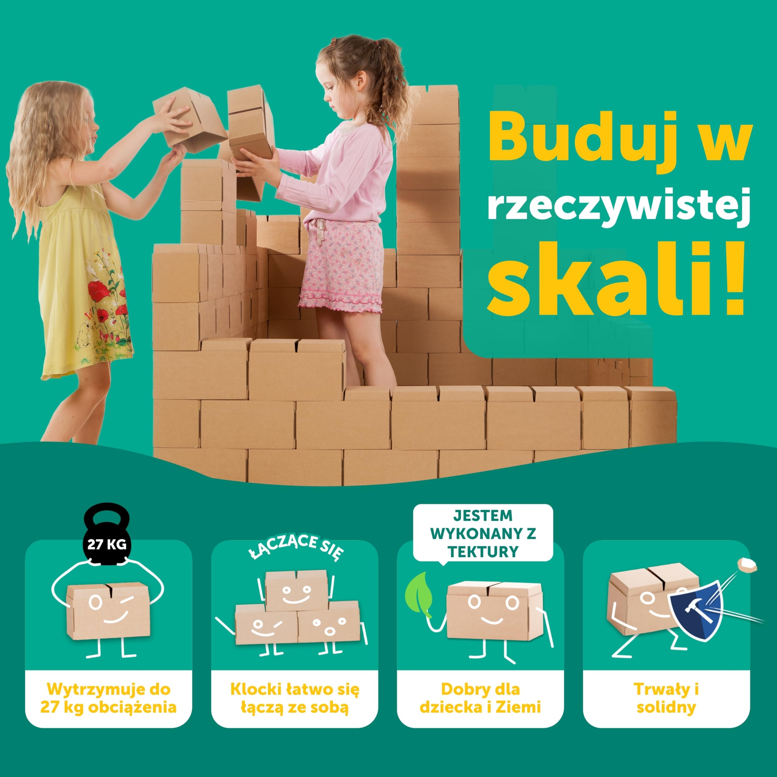 GIGI Bloks 100 XXL Wielkie Klocki Konstrukcyjne dla Dzieci, Kartonowe i Wytrzymałe | Buduj Prawdziwe Zamki i Fortece | Kreatywna Zabawka Edukacyjna Montessori dla Chłopców i Dziewczynek od 3 Lat
