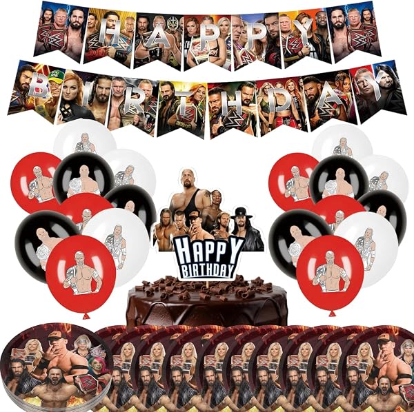 40Pcs/set Wrestling Birthday Supplies, Wrestling Party Decor, Banner, Balloons, Plates and Cake Topper for Birthday Party Decor - 1
