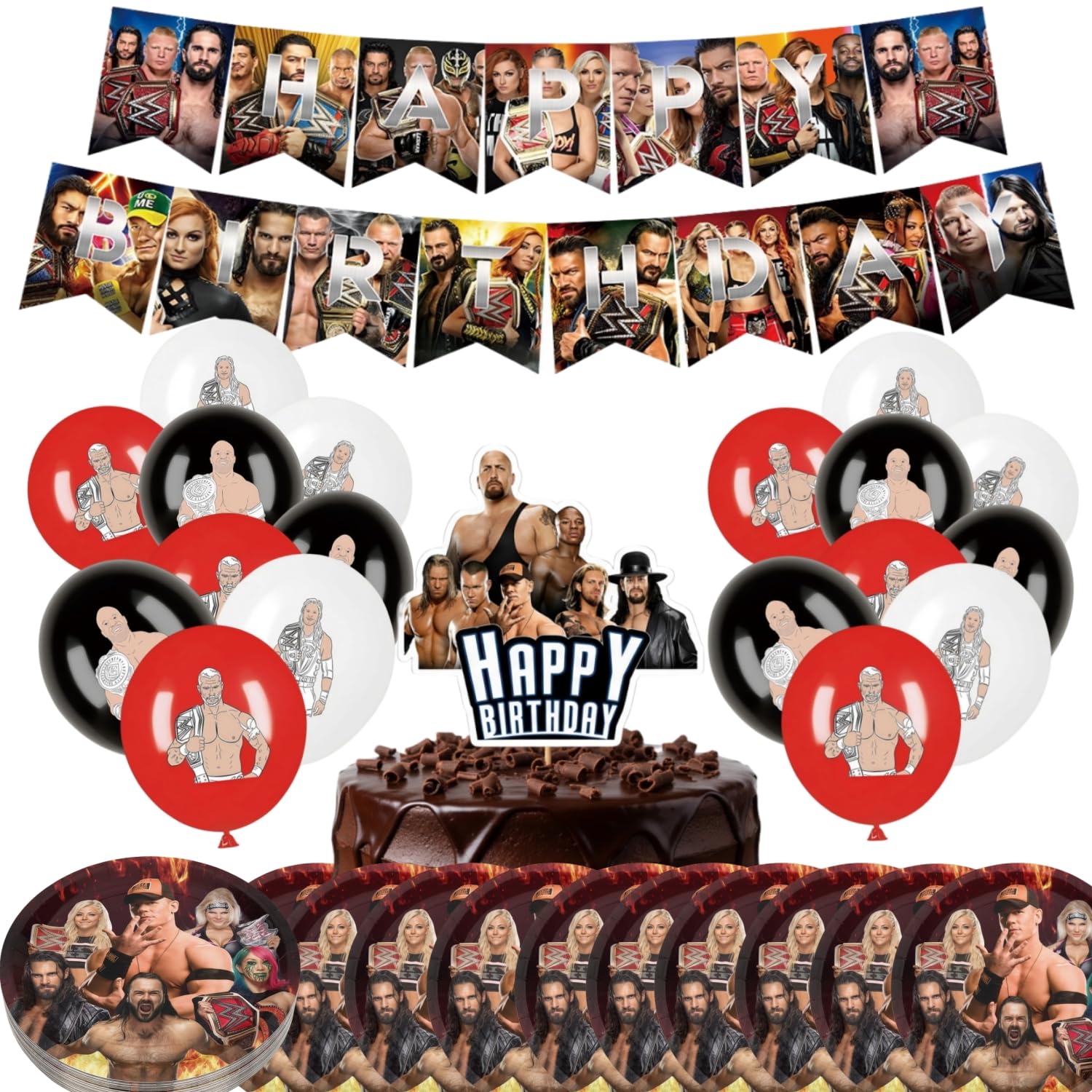 40Pcs/set Wrestling Birthday Supplies, Wrestling Party Decor, Banner, Balloons, Plates and Cake Topper for Birthday Party Decor
