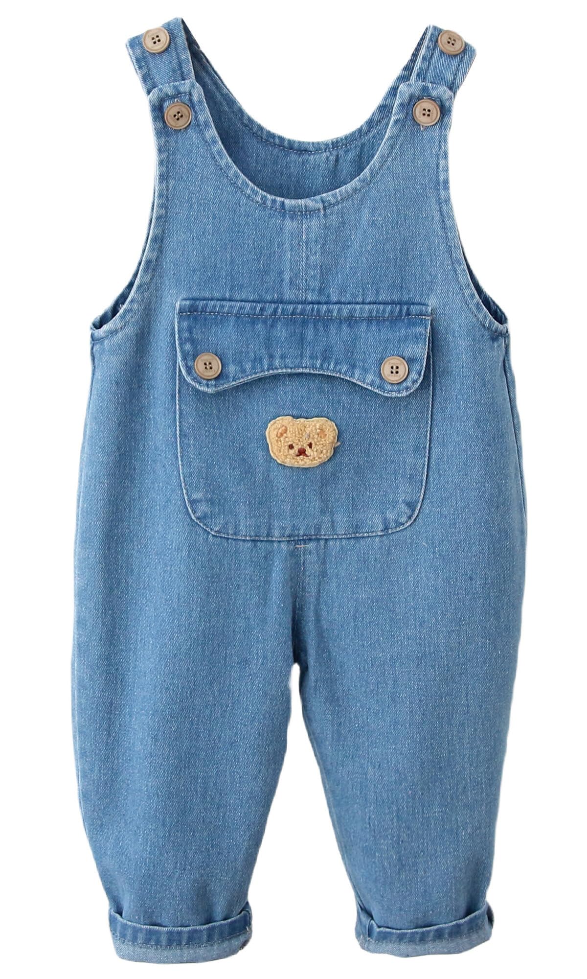FEOYA Pantalones vaqueros unisex para bebé, peto para niños, niñas, pelele con bolsillo, mono para niños pequeños, de algodón suave, con tirantes sueltos, pantalones de peto, de 9 meses a 5 años