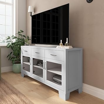 Merrick Lane Samson Three-Drawer Engineered Wood Buffet Sideboard, Three Soft-Close Tempered Glass Cabinet Doors, Contemporary Style, 59", White