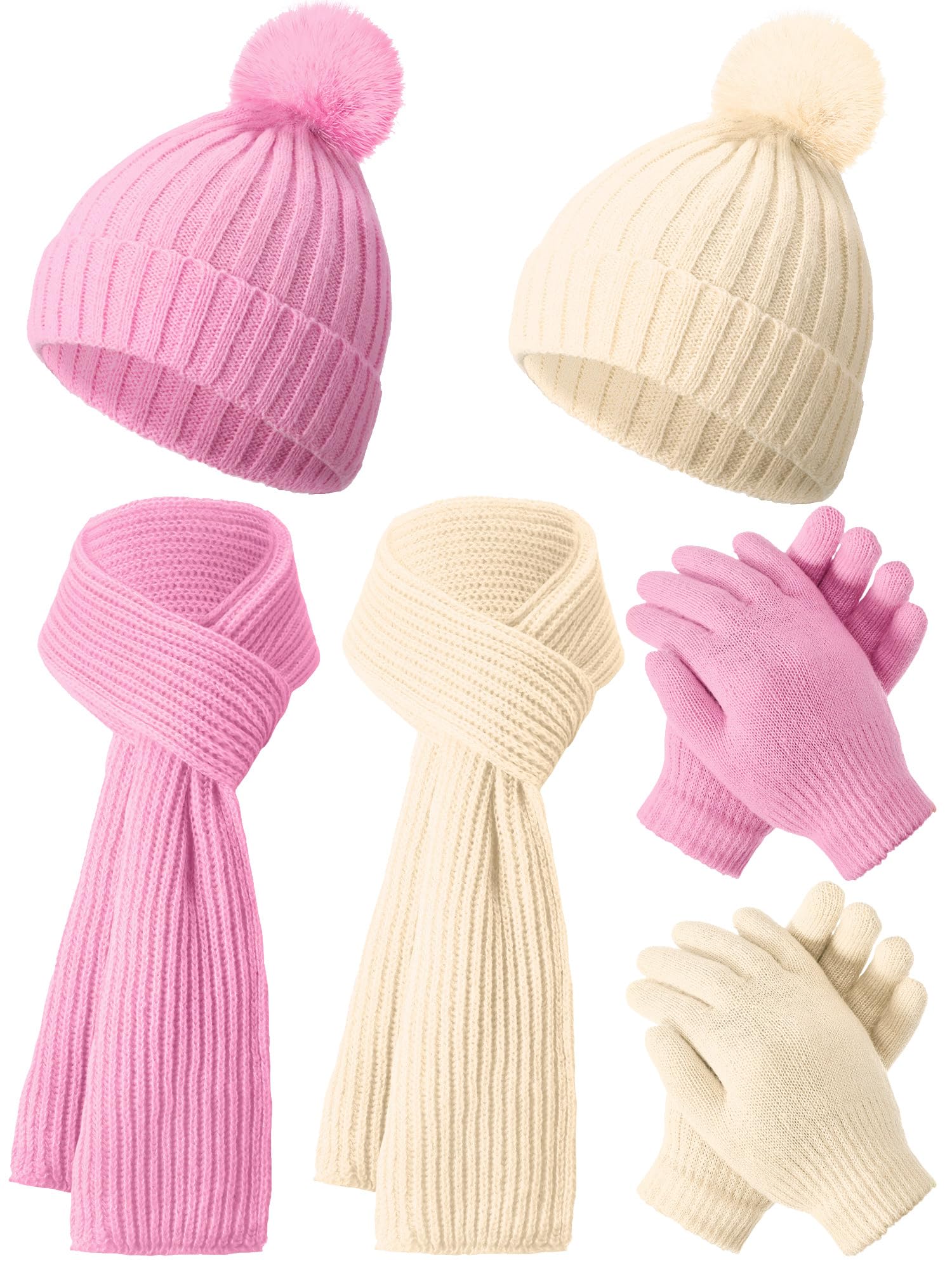 JaGely 2 Sets Kids Winter Hat Gloves Scarf Set Girls and Boys Knit Hat with Pom Warm Scarf Snow Gloves for 3-10 Years Toddler