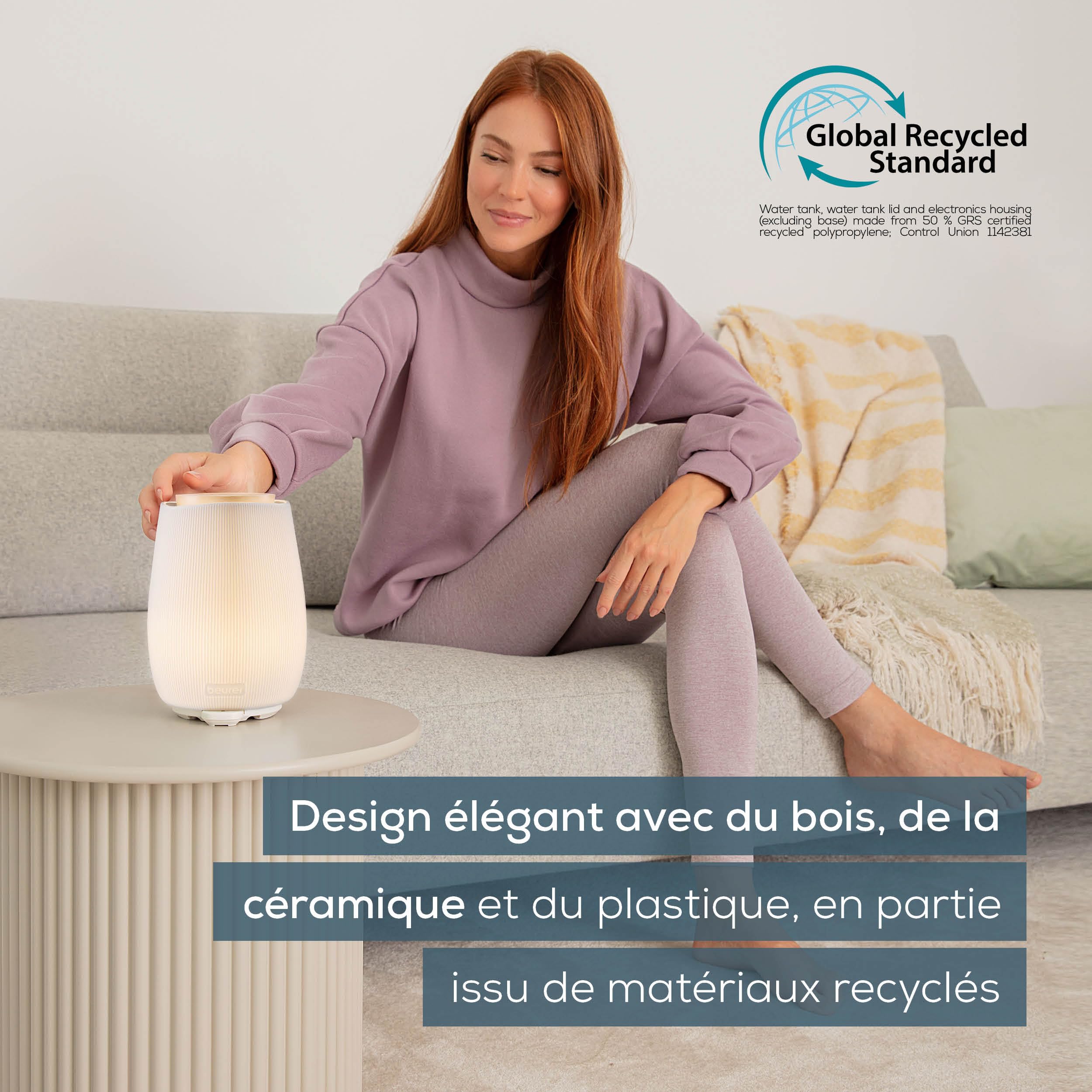 Beurer LA 45 Diffuseur d'arôme pour huiles essentielles, nébuliseur à ultrasons pour aromathérapie, lumière LED en 9 Couleurs, boîtier en céramique & Couvercle en Bois, minuterie & arrêt Automatique