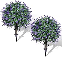 Set of 2 UV Resistant 22" Artificial Lavender Boxwood Topiary Balls with Ground Spike - Lifelike Faux Outdoor Indoor Greenery Shrubs for Garden Porch Patio