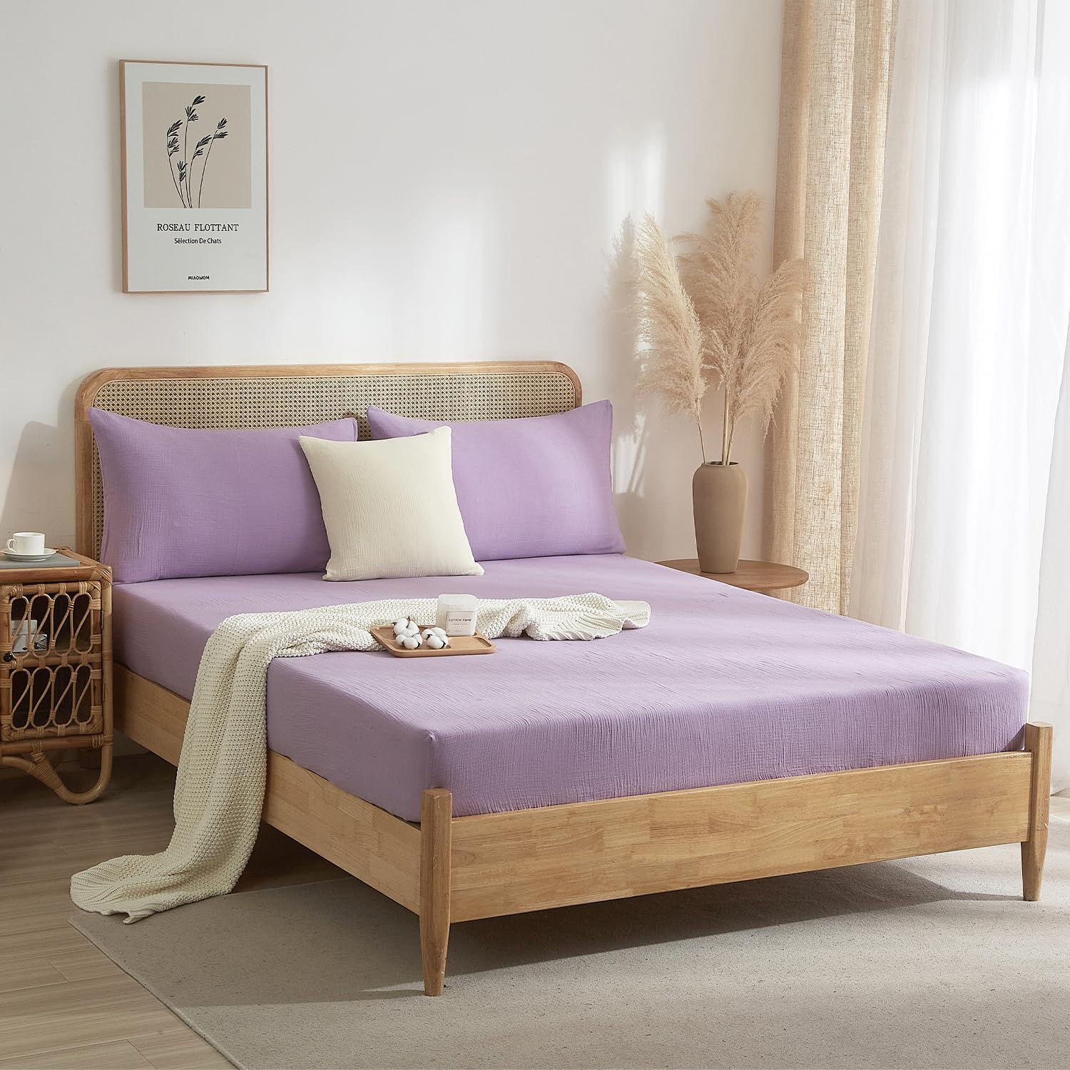 Lenzuolo con angoli in mussola di cotone 180x200cm, lenzuolo sotto con angoli, colore lilla, tinta unita, lenzuolo sotto in mussola di cotone per letto matrimoniale con materasso alto fino a 25