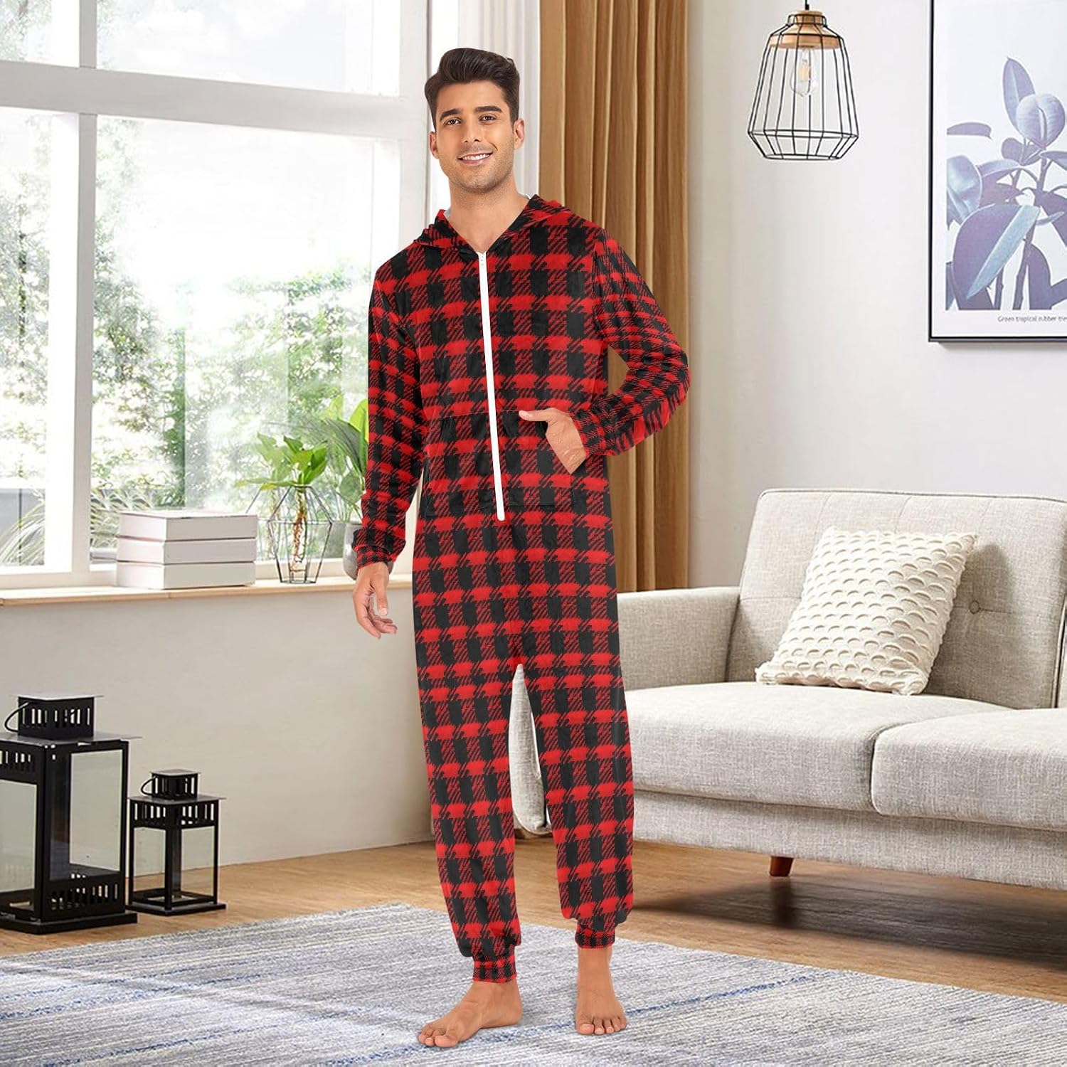 Red Black Buffalo Plaid Checkered K Adult Onesie Pajamas Novelty One Piece Costume Sleepwear Jumpsuits Matching PJS