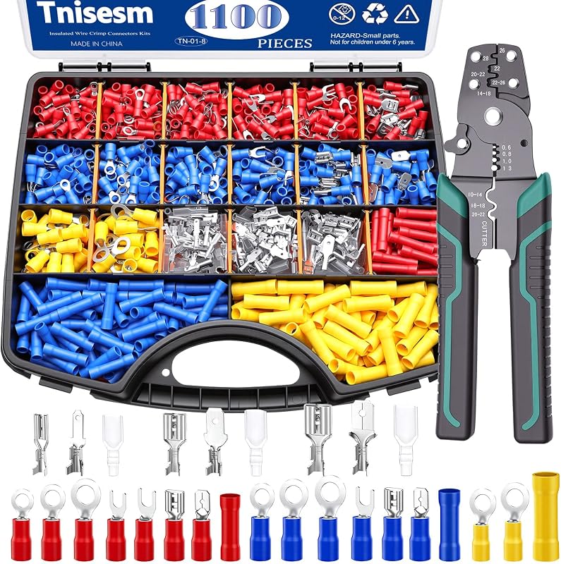 Tnisesm 1100PCS Wire Connector Kit with Crimping Tool, Copper Insulated Electrical Wire Terminals - Ring, Butt, Spade, Fork, Assorted Crimp Connectors in Reusable Carrying Case